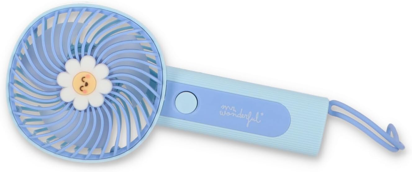 Mr.Wonderful - Mini ventilateur portatif - Marguerite bleue - Petit ventilateur portatif à 3 vitesses - Chargeur inclus - Idéal à transporter dans votre sac