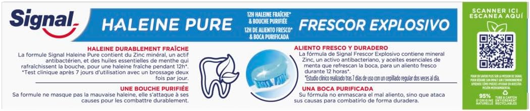 SIGNAL - Dentifrice Haleine Pure - 12h d'haleine fraiche - Bouche purifiée - 95% d'ingrédients d'origine naturelle - 75ml