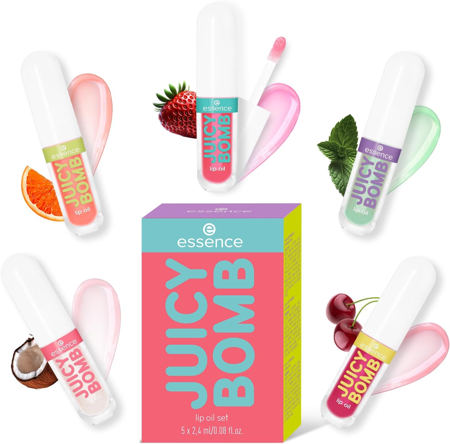 essence JUICY BOMB Lot de 5 flacons d'huile à lèvres 01, multicolore, sans acétone, végétalien, sans microparticules plastiques, sans gluten, lot de 5