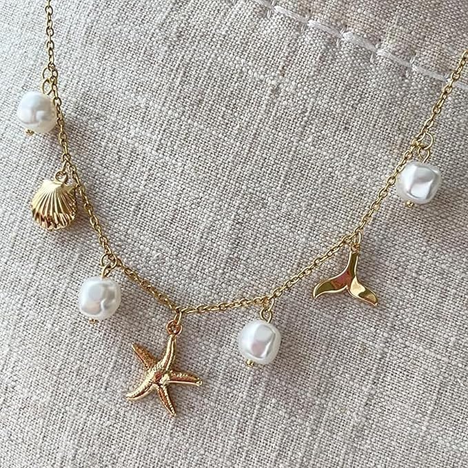 Hebterrka Collier à breloques pour femmes, perles étoile de mer coquillage or 14 carats, bijoux d'été plage surfeur bijoux collier cadeaux, or, L