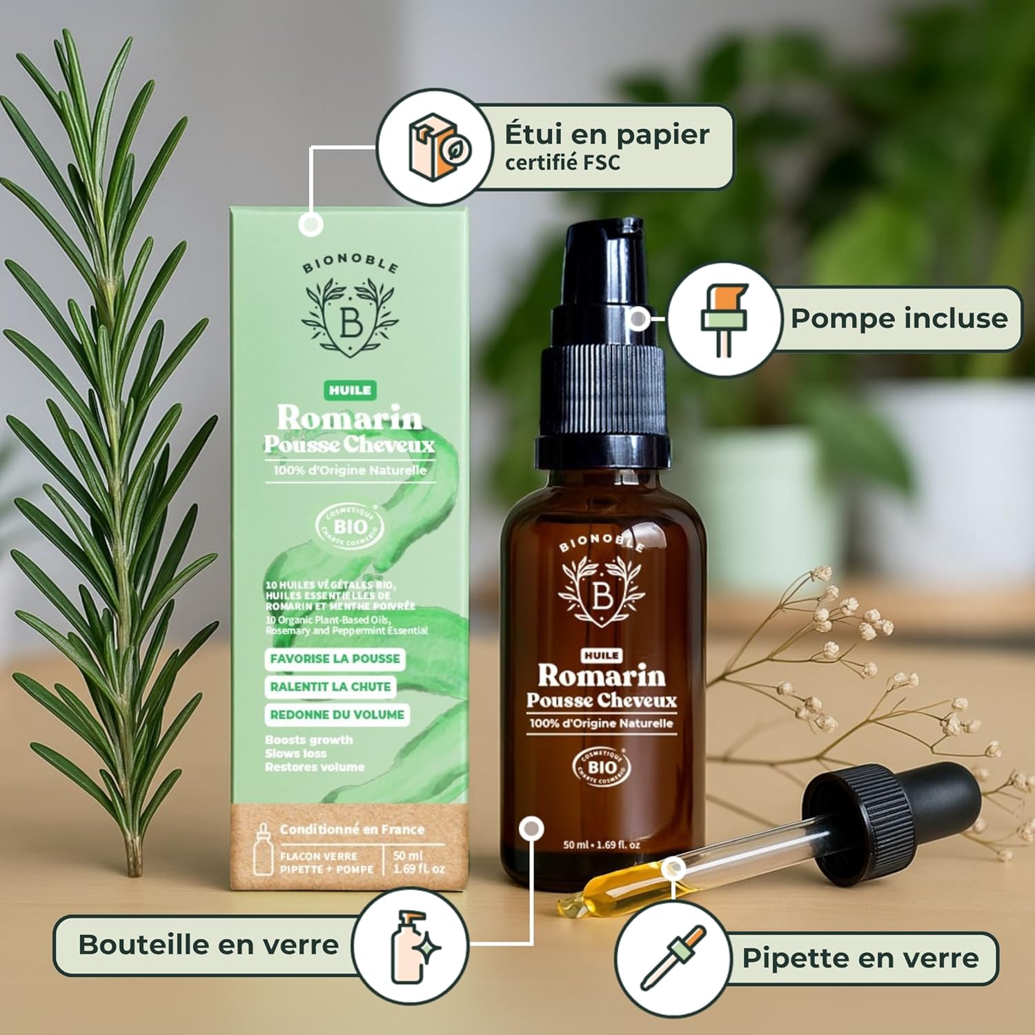 BIONOBLE Huile de Romarin pour Cheveux Bio - Favorise la Pousse et Ralentit la Chute - Huile Essentielle Romarin, Ricin, Argan et Jojoba - Rosemary Oil for Hair Growth - Flacon Verre + Pipette - 50ml