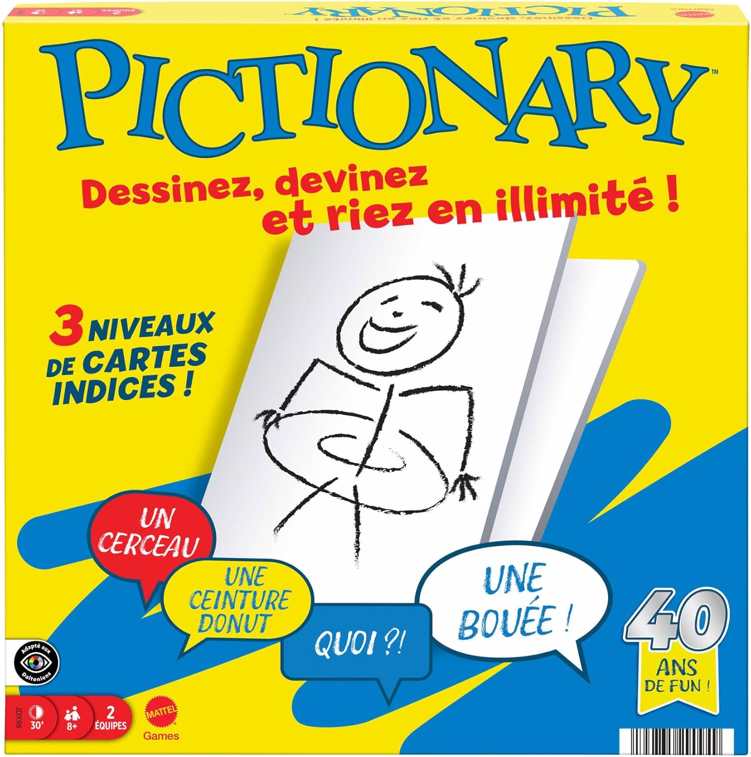 Mattel GamesPictionary Jeu de société familial pour enfants et adultes, soirée jeux pour 2 équipes, avec feutres et ardoises effaçables et sablier, Versión en Francés, JDX98