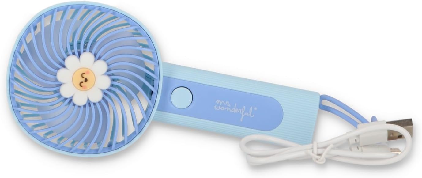 Mr.Wonderful - Mini ventilateur portatif - Marguerite bleue - Petit ventilateur portatif à 3 vitesses - Chargeur inclus - Idéal à transporter dans votre sac