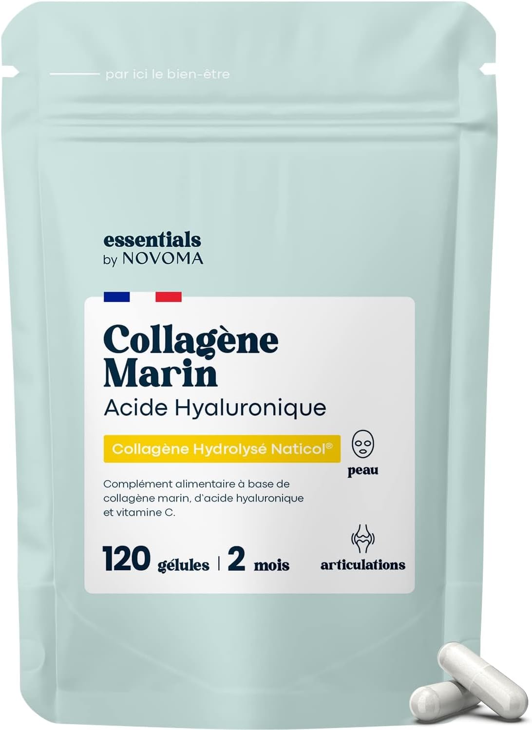 Collagène Marin + Acide Hyaluronique, Peau Hydratée et Articulations Fortes, Cure de 2 mois, 120 Gélules, Collagene Hydrolysé Type 1 Naticol®, Avec Vitamine...