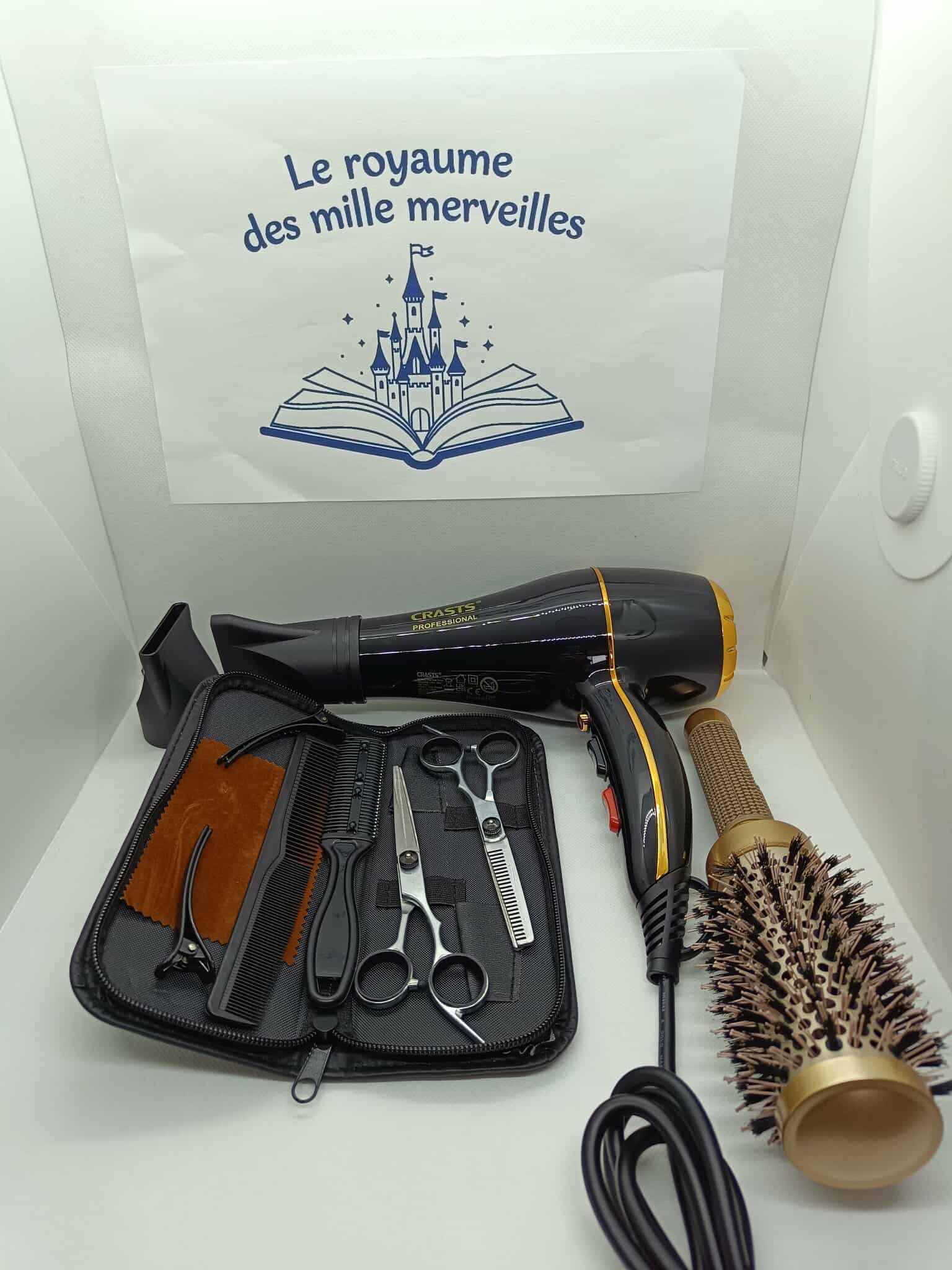 Pack coiffure professionnel: sèche cheveux+kit ciseaux+brosse ronde