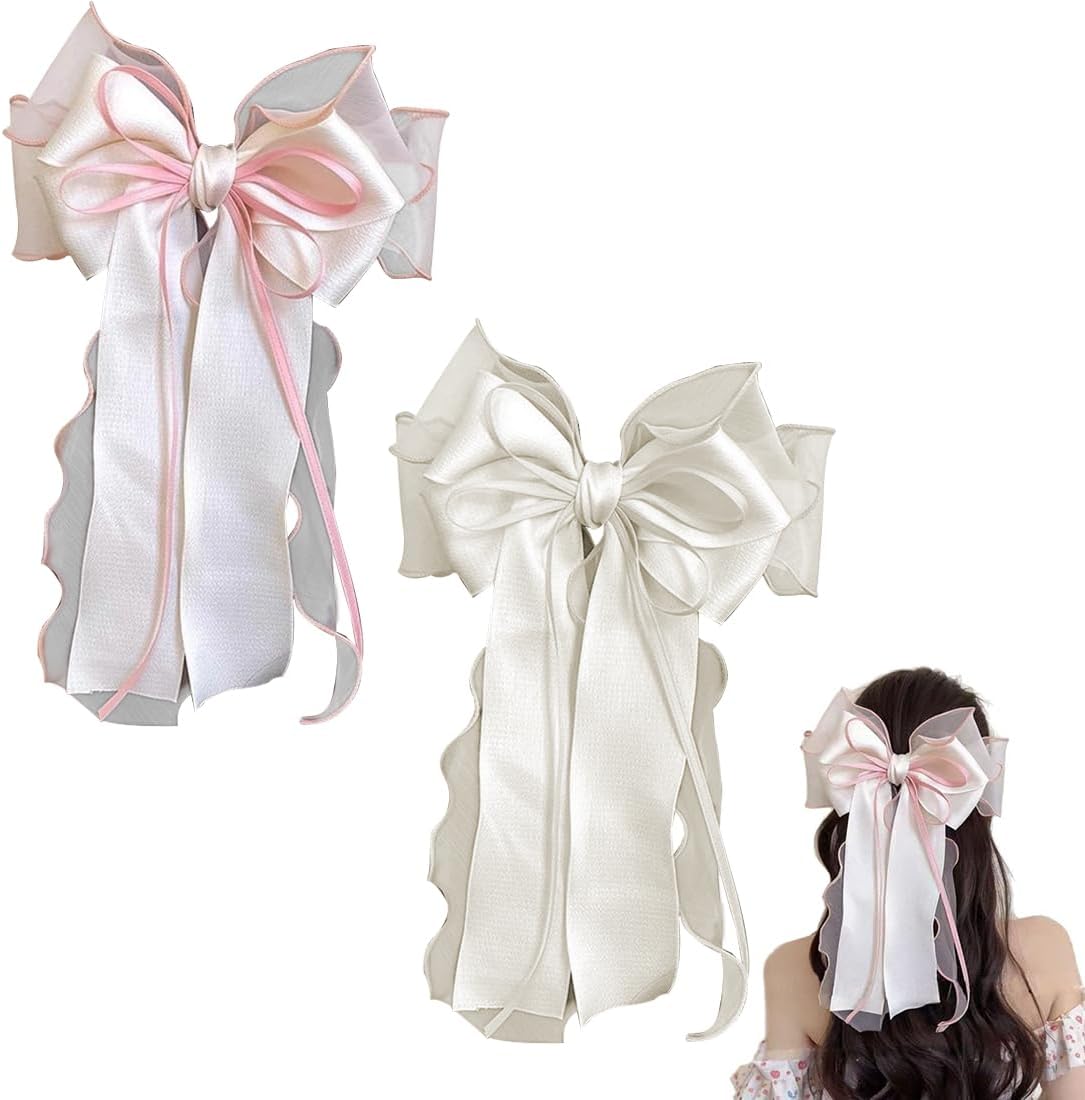 CATOR Lot de 2 barrettes à cheveux avec grand nœud pour femme, noeud cheveux, pinces à cheveux françaises avec ruban et nœuds en satin doux et soyeux de couleur unie (Rose, Blanc)