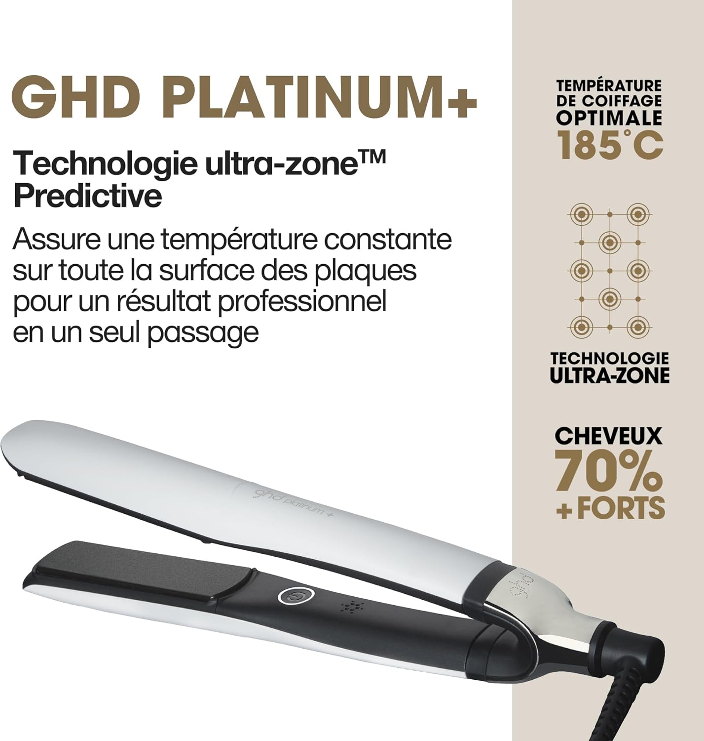 ghd - Lisseur ghd Platinum+ - Fer à lisser professionnel (Blanc) - Des cheveux 75% plus brillants et 70% plus forts - S'adapte aux besoins de vos cheveux - Idéal pour les cheveux colorés et/ou abîmés
