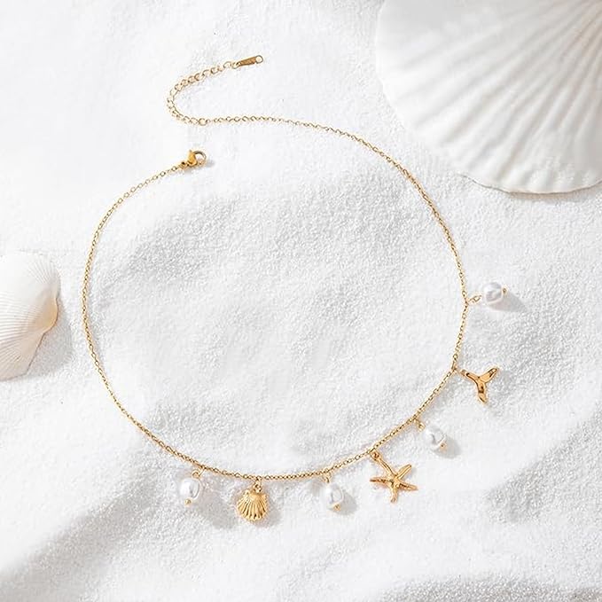 Hebterrka Collier à breloques pour femmes, perles étoile de mer coquillage or 14 carats, bijoux d'été plage surfeur bijoux collier cadeaux, or, L