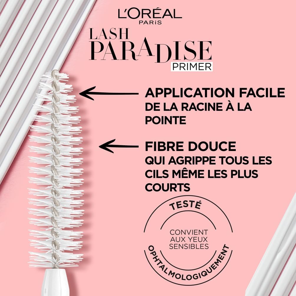 L'Oréal Paris - Base-Soin pour Mascara - Effet Amplifié & Tenue Prolongée - Cils Fortifiés - Formule à l'Huile de Jojoba & Vitamine - Primer Lash Paradise - Teinte : Universel - 6 ml