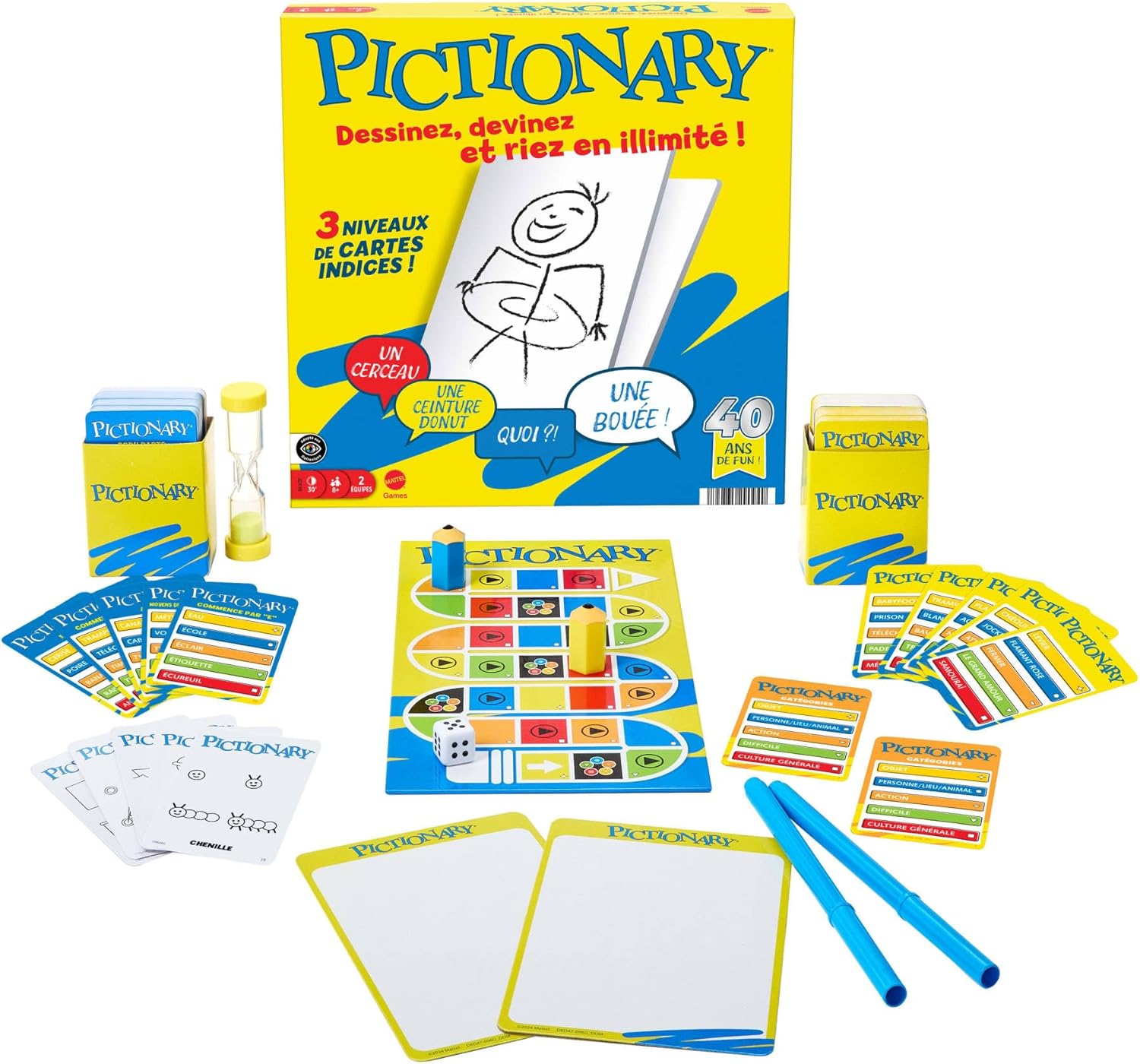 Mattel GamesPictionary Jeu de société familial pour enfants et adultes, soirée jeux pour 2 équipes, avec feutres et ardoises effaçables et sablier, Versión en Francés, JDX98
