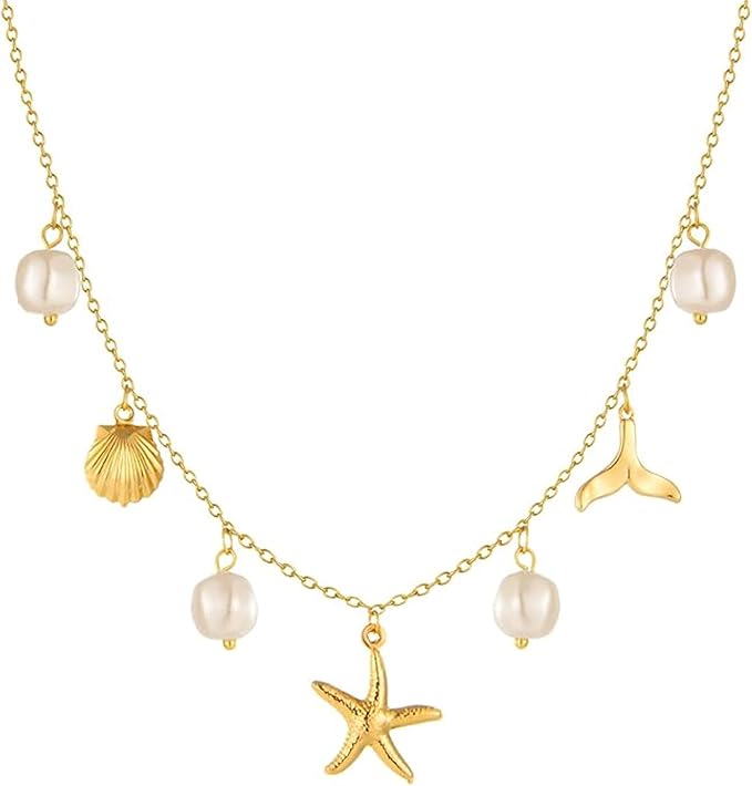 Hebterrka Collier à breloques pour femmes, perles étoile de mer coquillage or 14 carats, bijoux d'été plage surfeur bijoux collier cadeaux, or, L