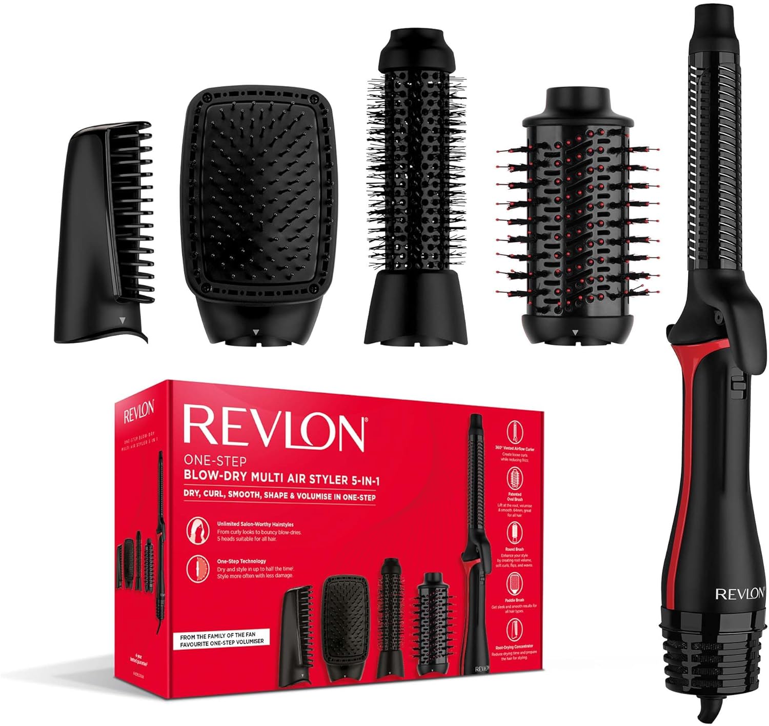 REVLON- 5-EN-1 One-Step Styler multi-usages (têtes amovibles, boucleur, sèche-cheveux, brosse volumisante, brosse coiffante et concentrateur) RVDR5370