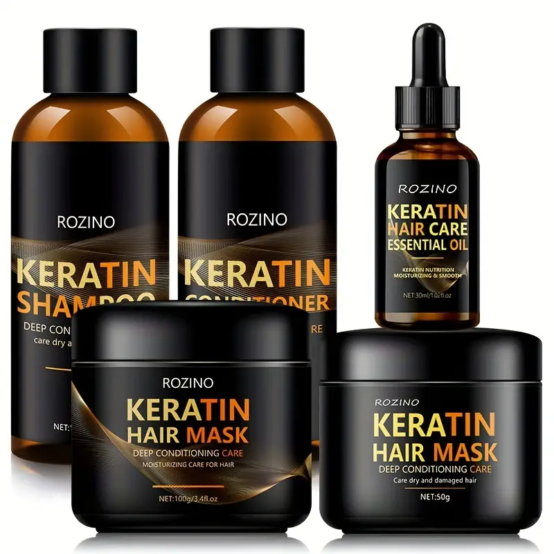 Kit entretien cheveux abimés 5 pièces : Shampooing au Kératine, Conditionneur,  2 Masques et Huiles pour les Cheveux 