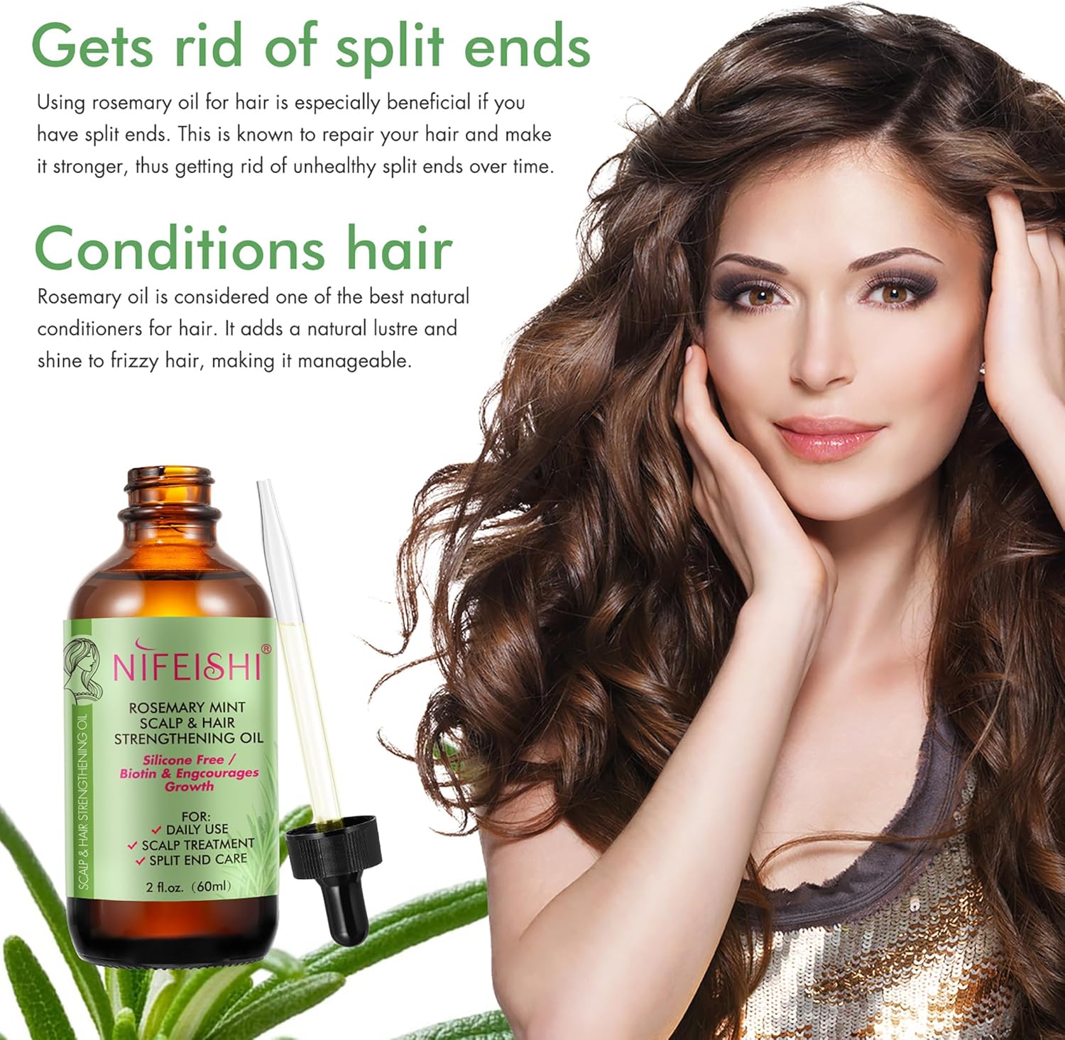 Huile Romarin pour Cheveux Pousse et Chute des Cheveux, Stimule la Croissance, Nourrir le Cuir Chevelu e Renforcer les Cheveux, 60 ml