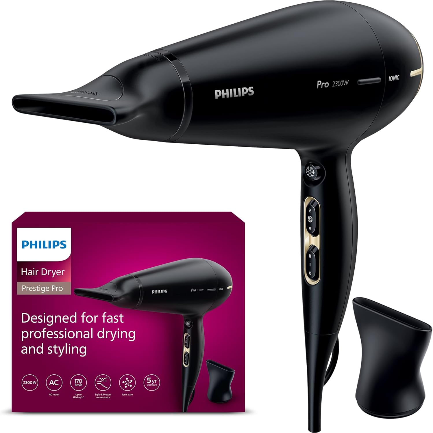 Philips Hair Dryer Prestige Pro, sèche-cheveux pour un séchage et une stylisation professionnels, avec 2 concentrateurs, 2300 W, modèle HPS920/00