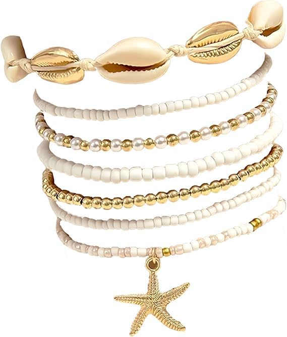 Guyode 7 Pièces Bracelet Personnalisé, Boheme Empilables Fantaisie Coquillages Lot Bracelet, Bijoux Femme, Bracelets De Cheville Pour Femme, Accessoires de Bijoux pour Plage Voyage