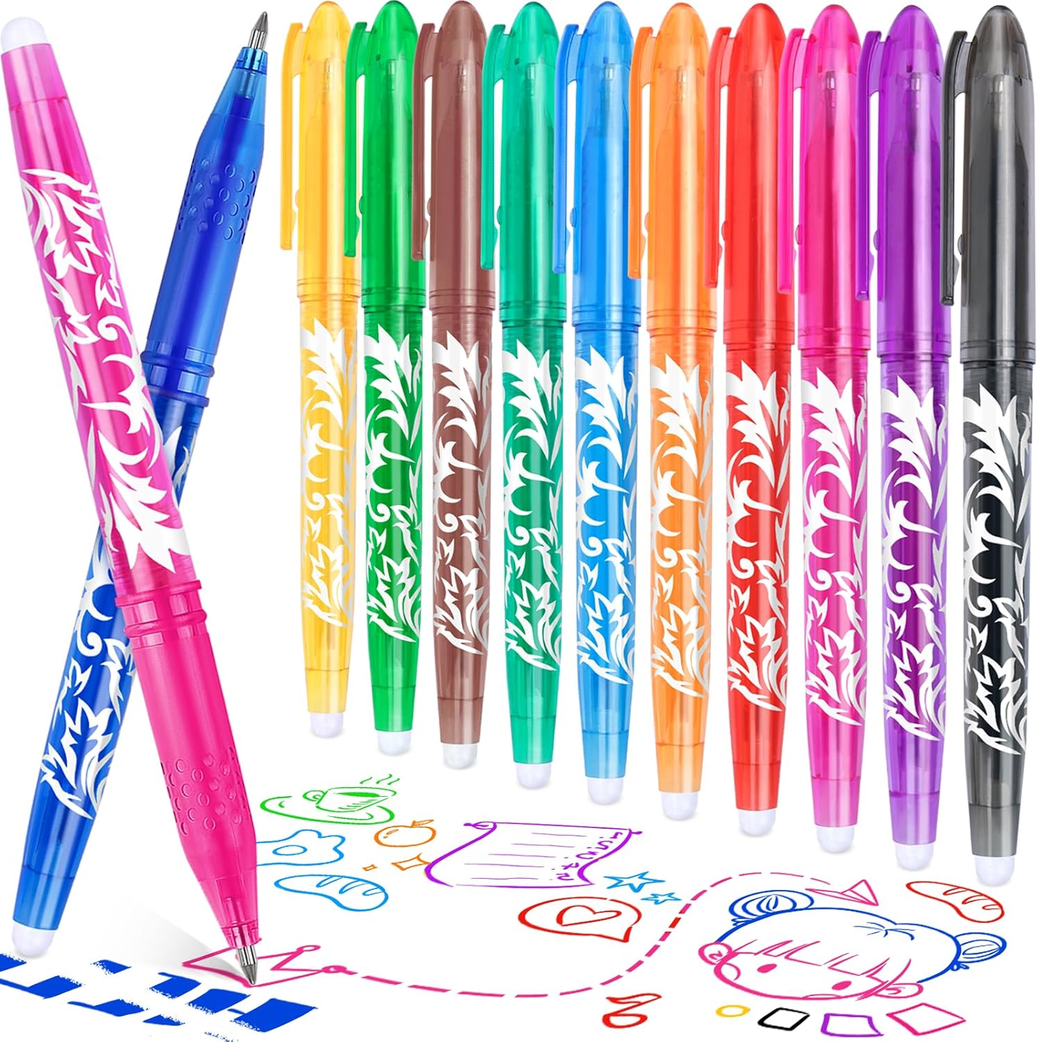 DOMAXWILL Stylos Effaçable, 12 Couleurs Stylo Effacable Stylo Gel Effaçables Pointe 0,5 mm, Encre Gel Effaçable, Stylos à Bille avec Gomme pour Fournitures Scolaires