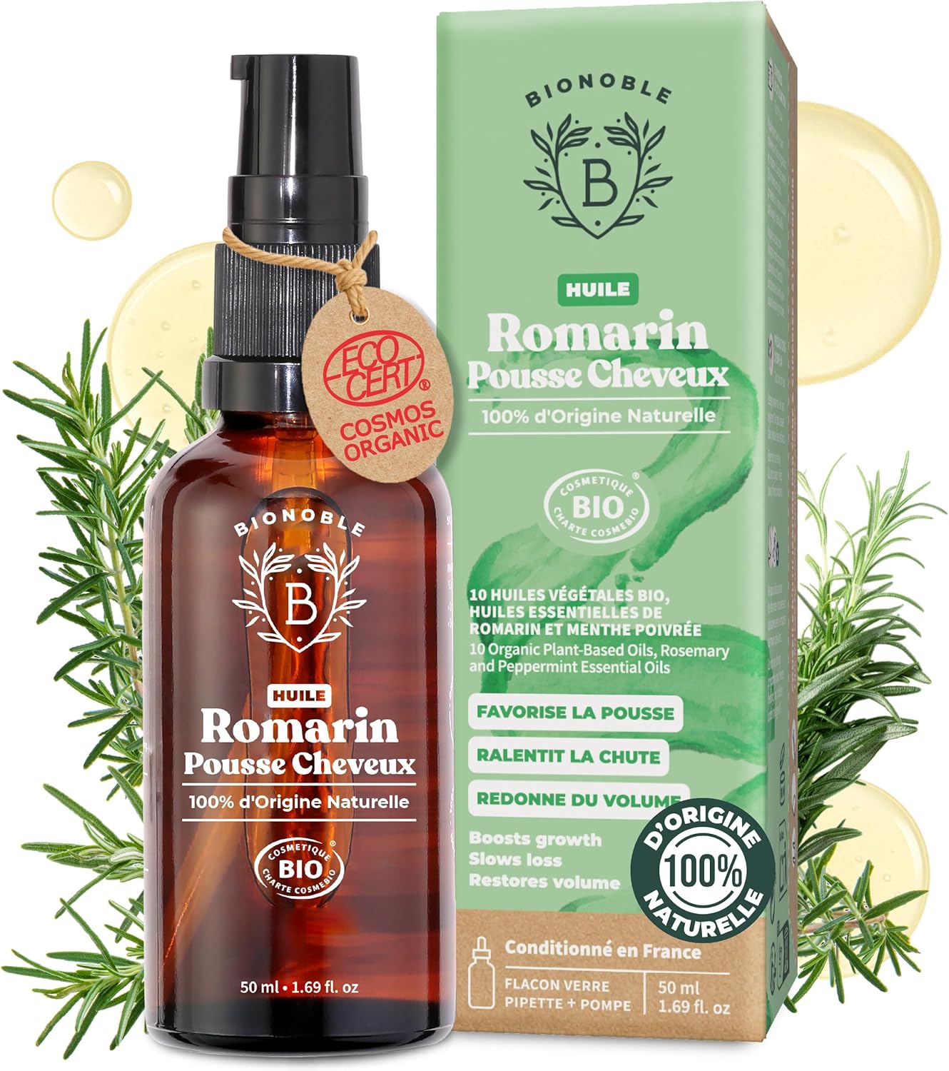 BIONOBLE Huile de Romarin pour Cheveux Bio - Favorise la Pousse et Ralentit la Chute - Huile Essentielle Romarin, Ricin, Argan et Jojoba - Rosemary Oil for Hair Growth - Flacon Verre + Pipette - 50ml
