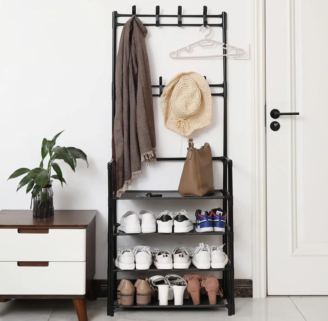 Multi-Function Shoes Rack With Hanger, Living Room Clothes Storage Rack 4 Layer