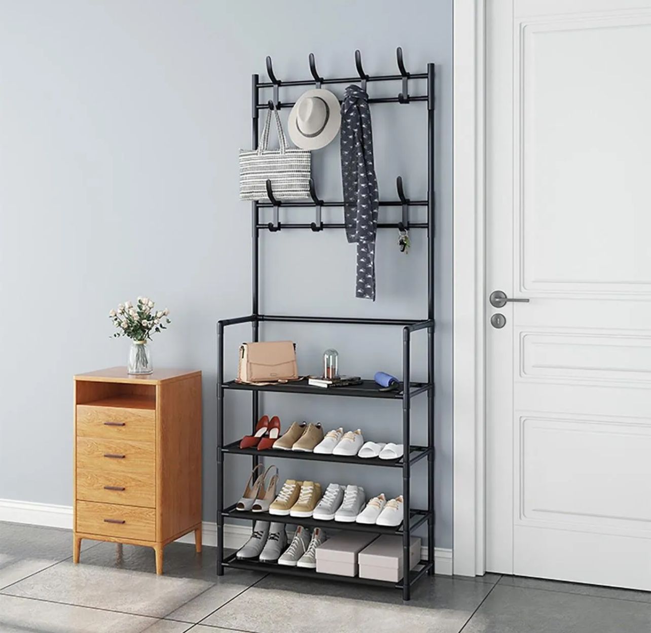 Multi-Function Shoes Rack With Hanger, Living Room Clothes Storage Rack 4 Layer