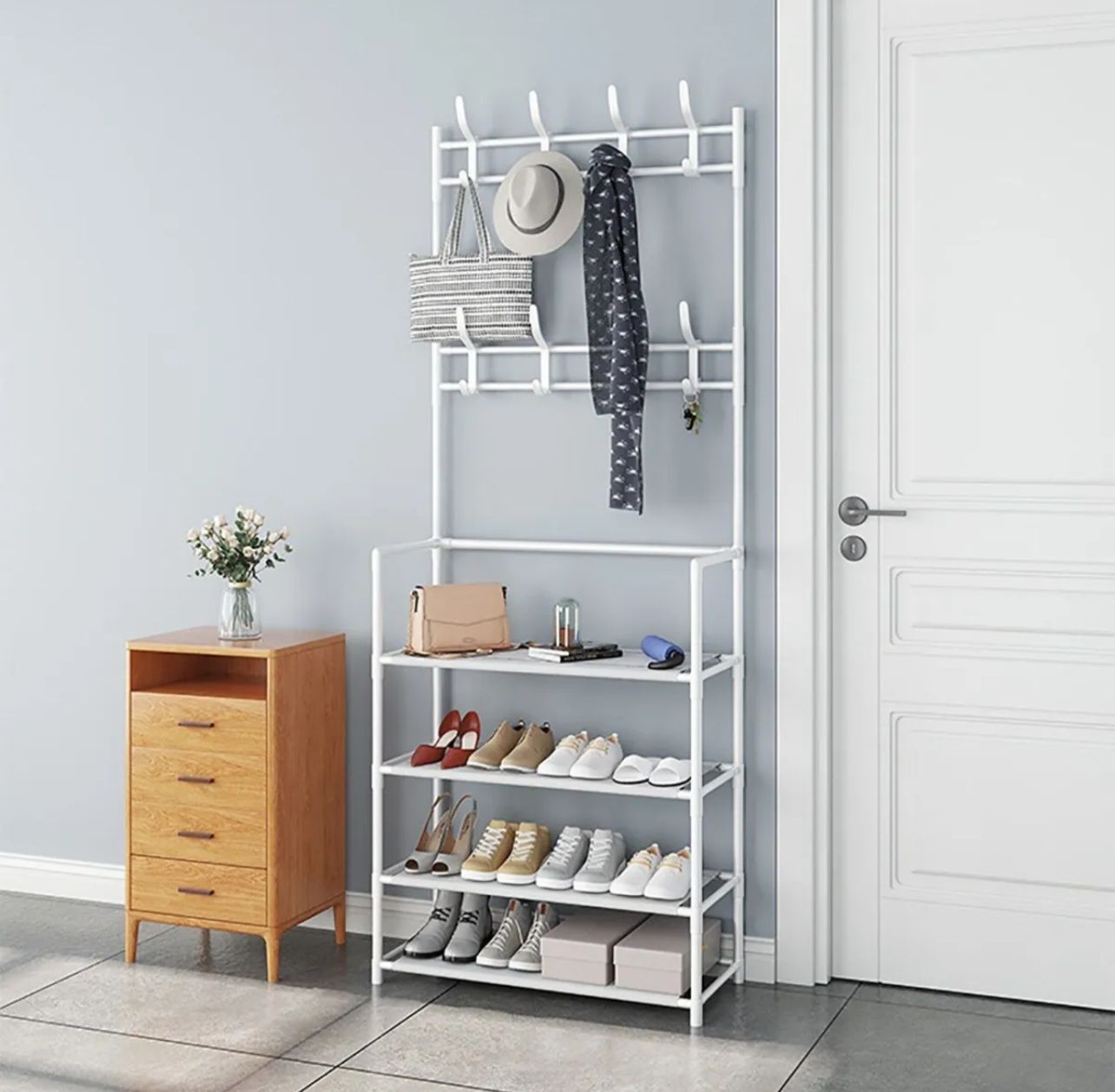 Multi-Function Shoes Rack With Hanger, Living Room Clothes Storage Rack 4 Layer