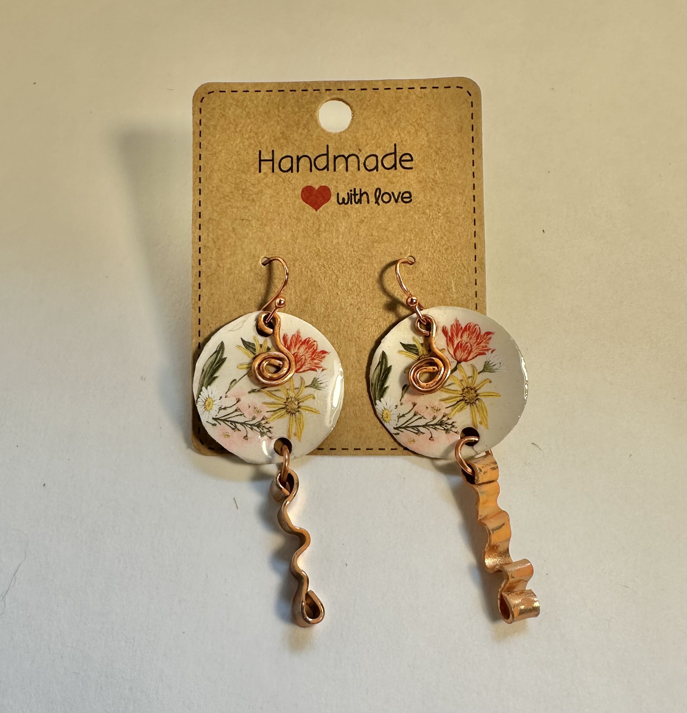 Handmade Floral Earrings wire wrap and artistic paper. Resin.