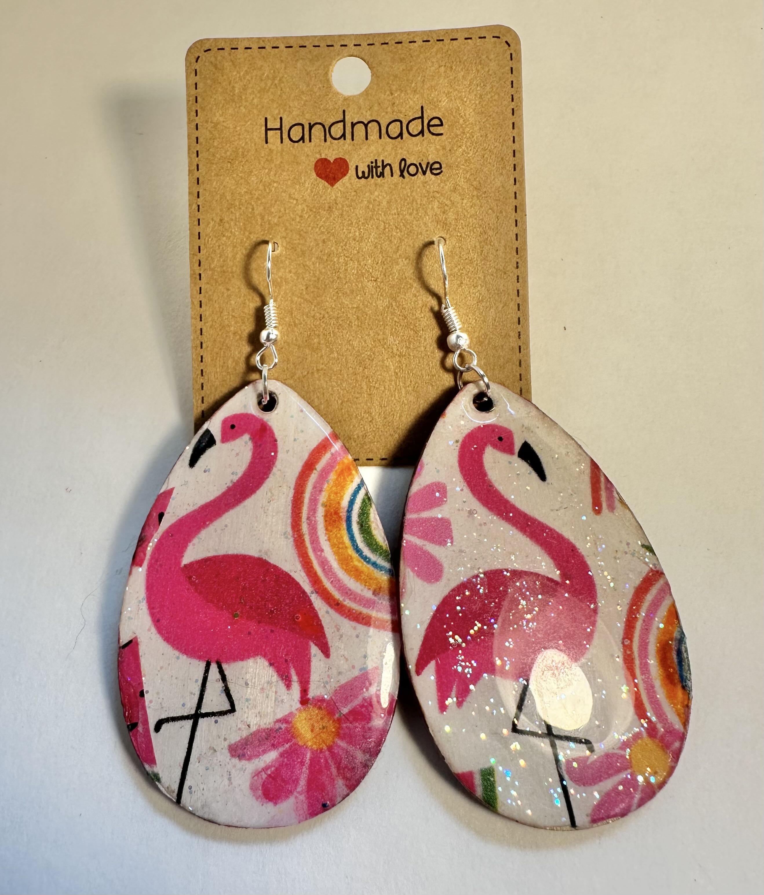 Handmade Flamingo Earrings, artistic paper tissue and resin.