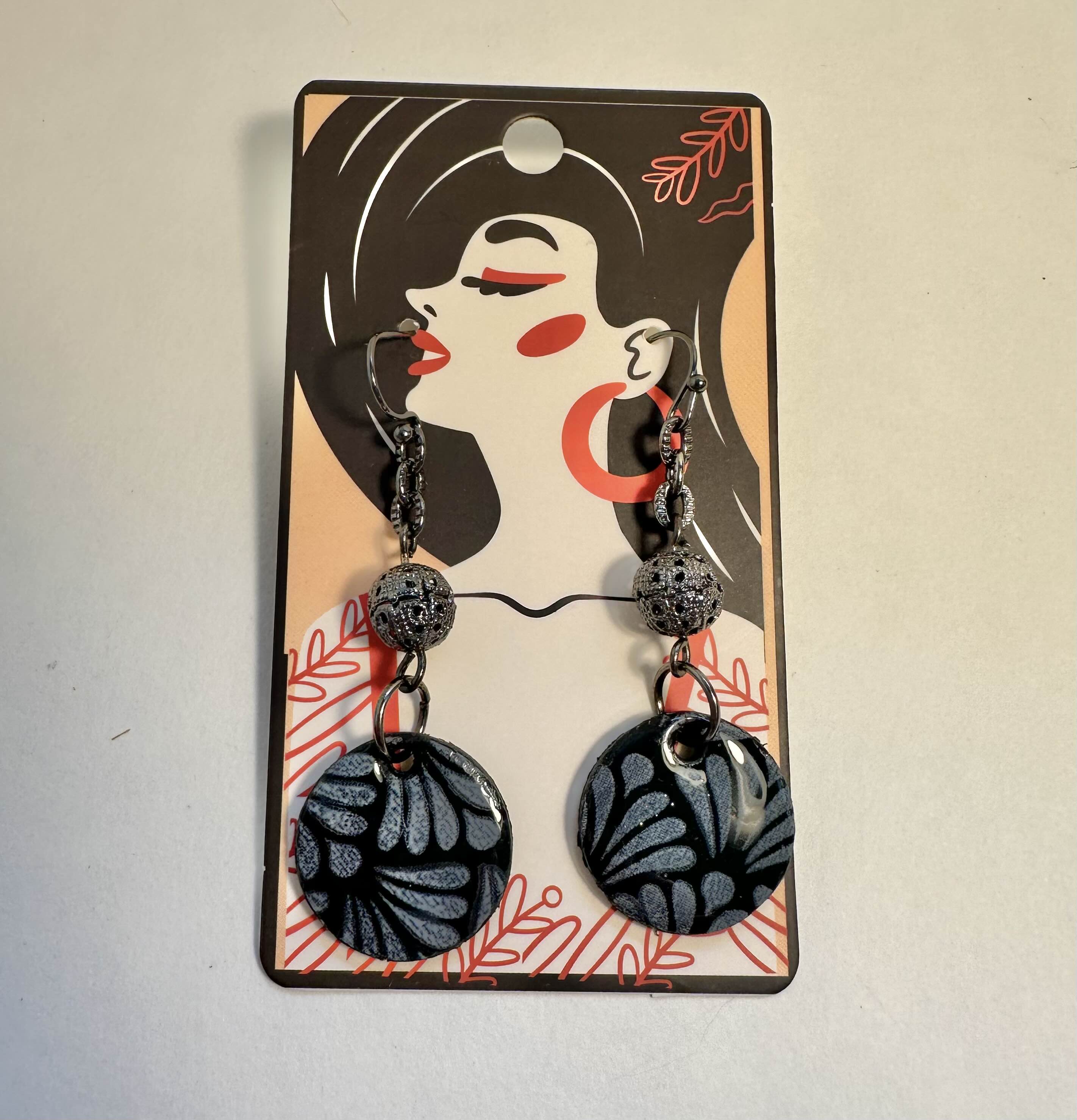 Handcrafted Black and Silver Dangle Earrings, polymer clay.