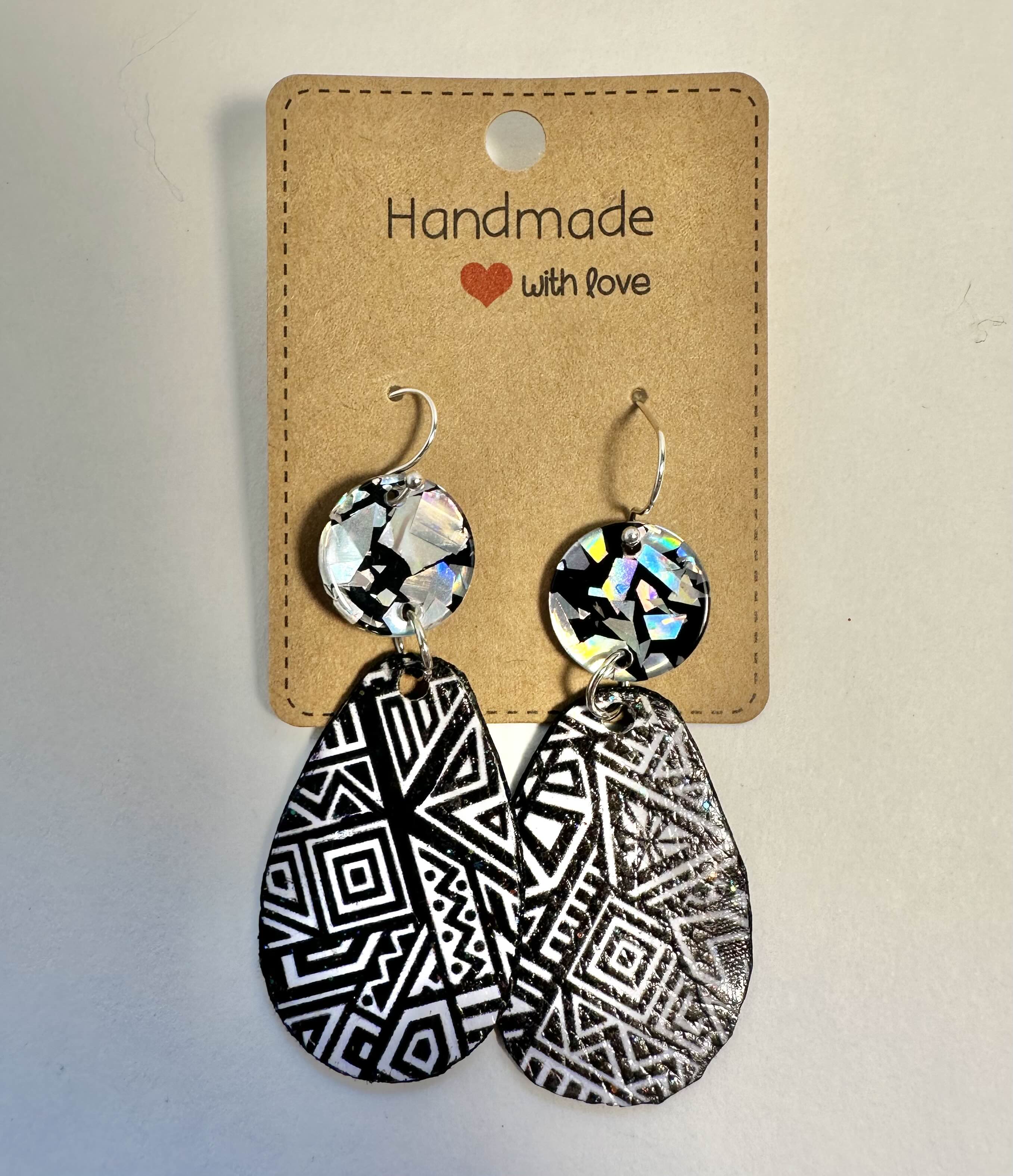 Handmade Geometric Drop Earrings, faux leather wit acrylic piece.