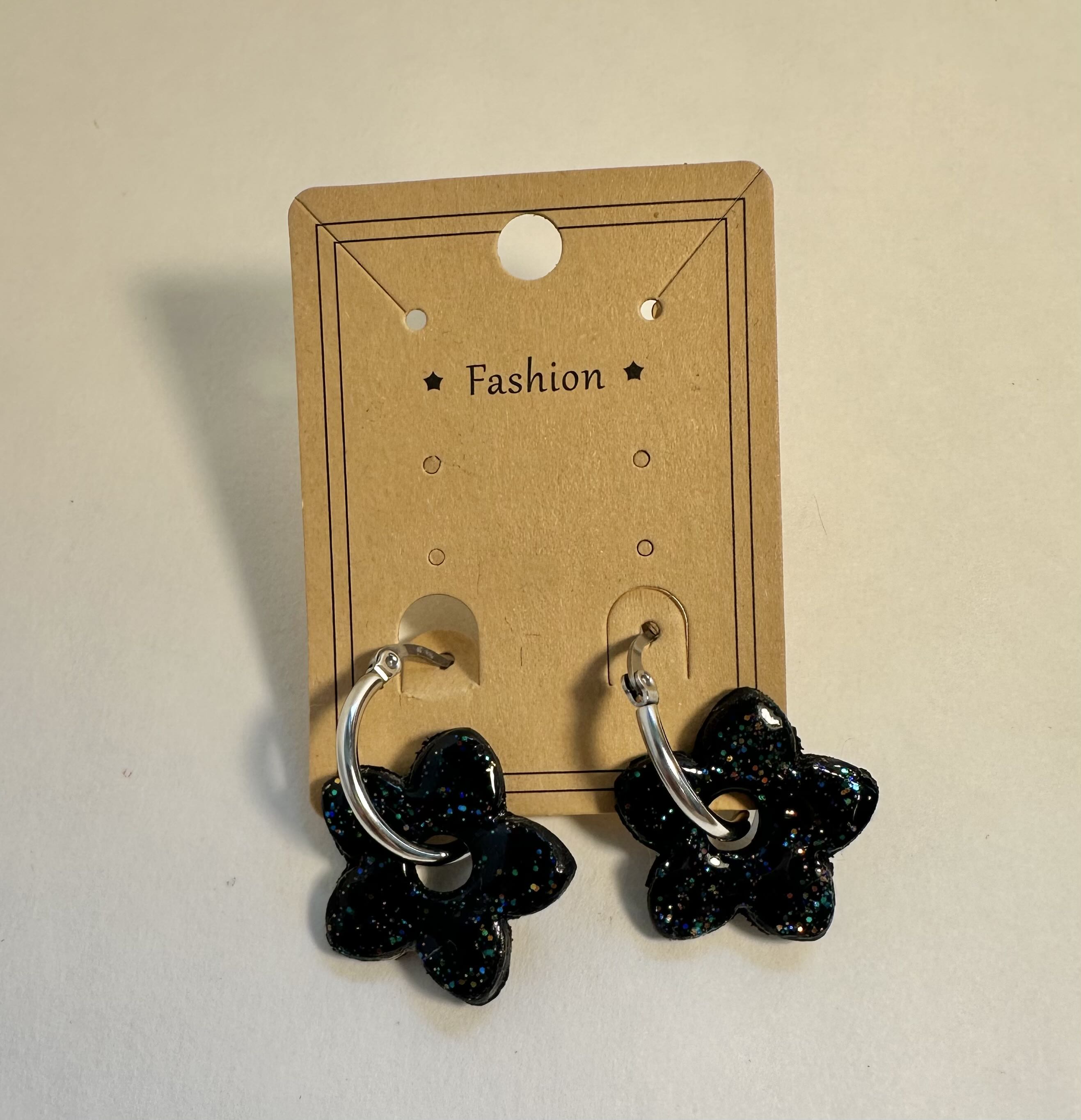 Black Flower Hoop Earrings, polymer clay