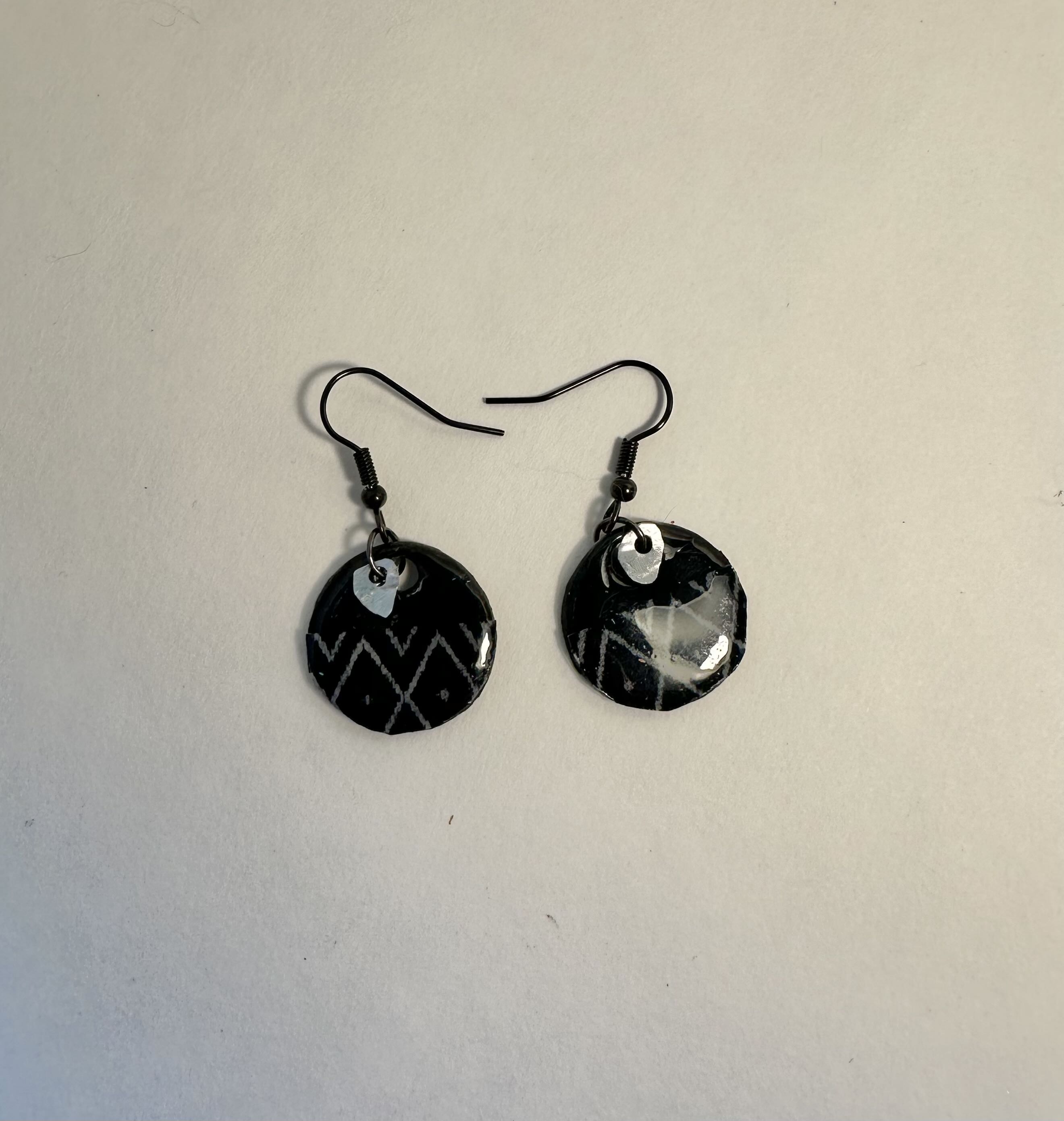 Black Patterned Dangle Earrings, polymer clay.