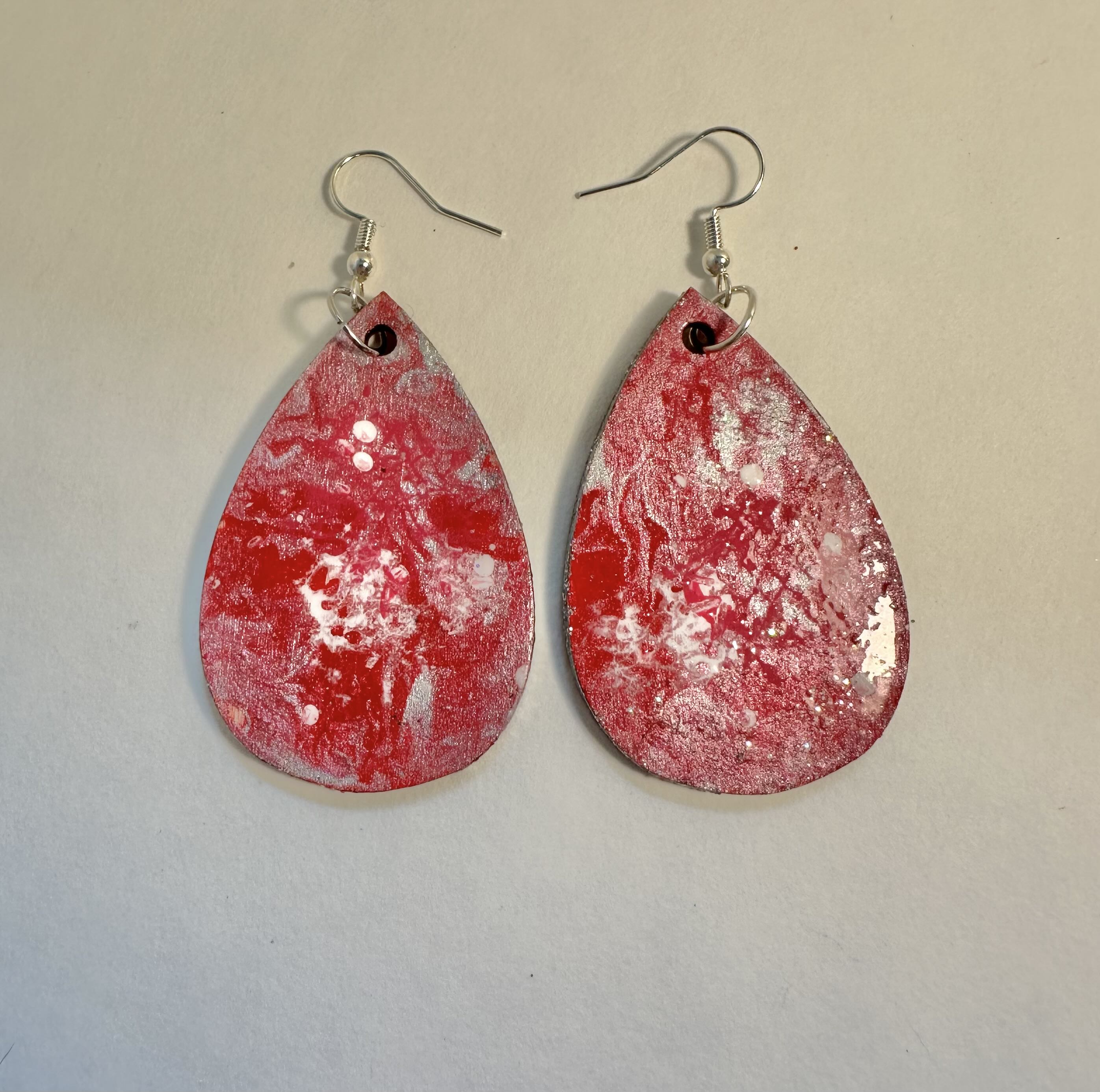Red Marbled Teardrop Earrings, ink and glaze.