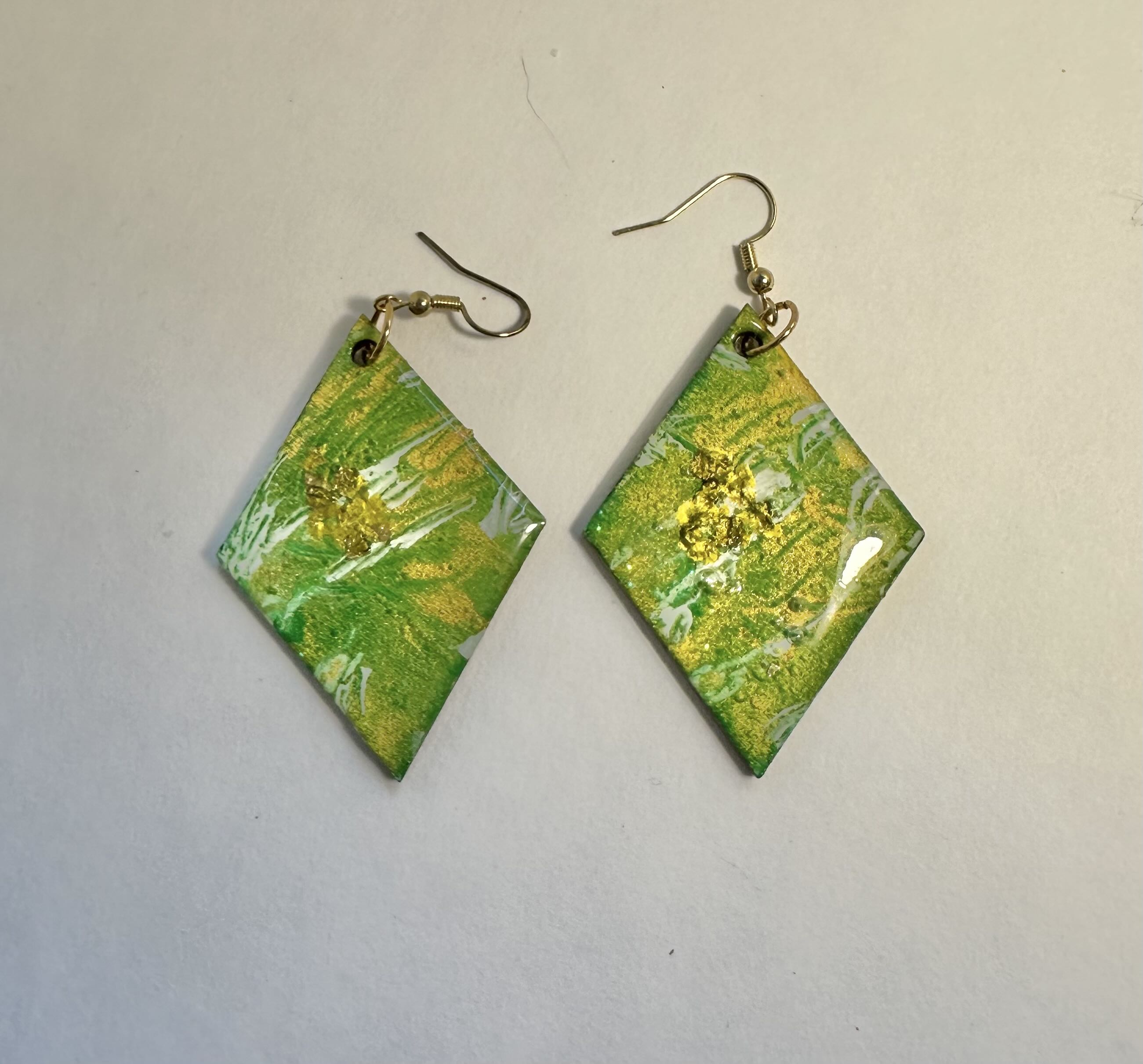 Handmade Diamond-Shaped Earrings, acrylic ink flow, gold tone foil and resin.
