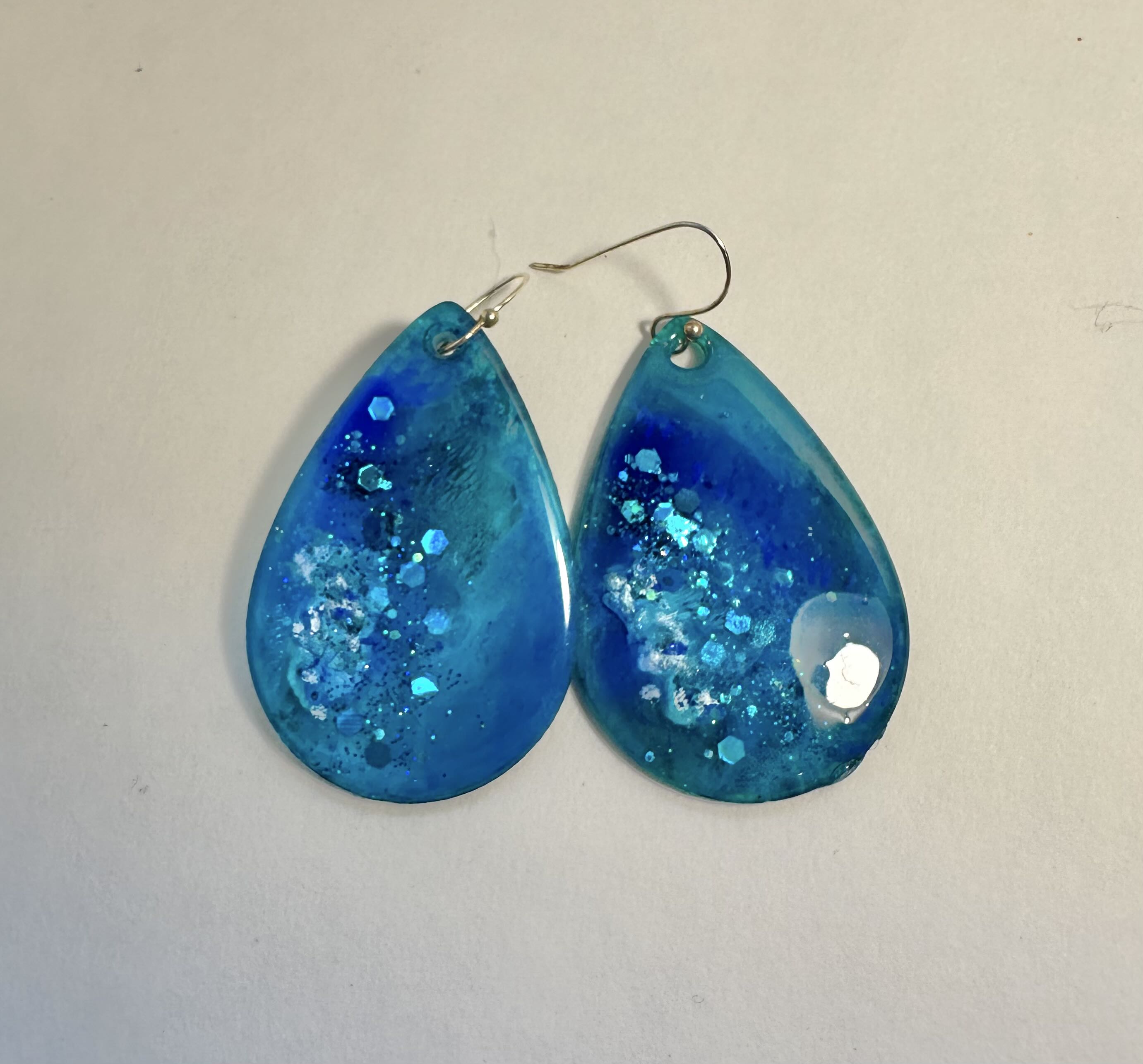 Blue Teardrop Resin Earrings, alcohol ink and resin.