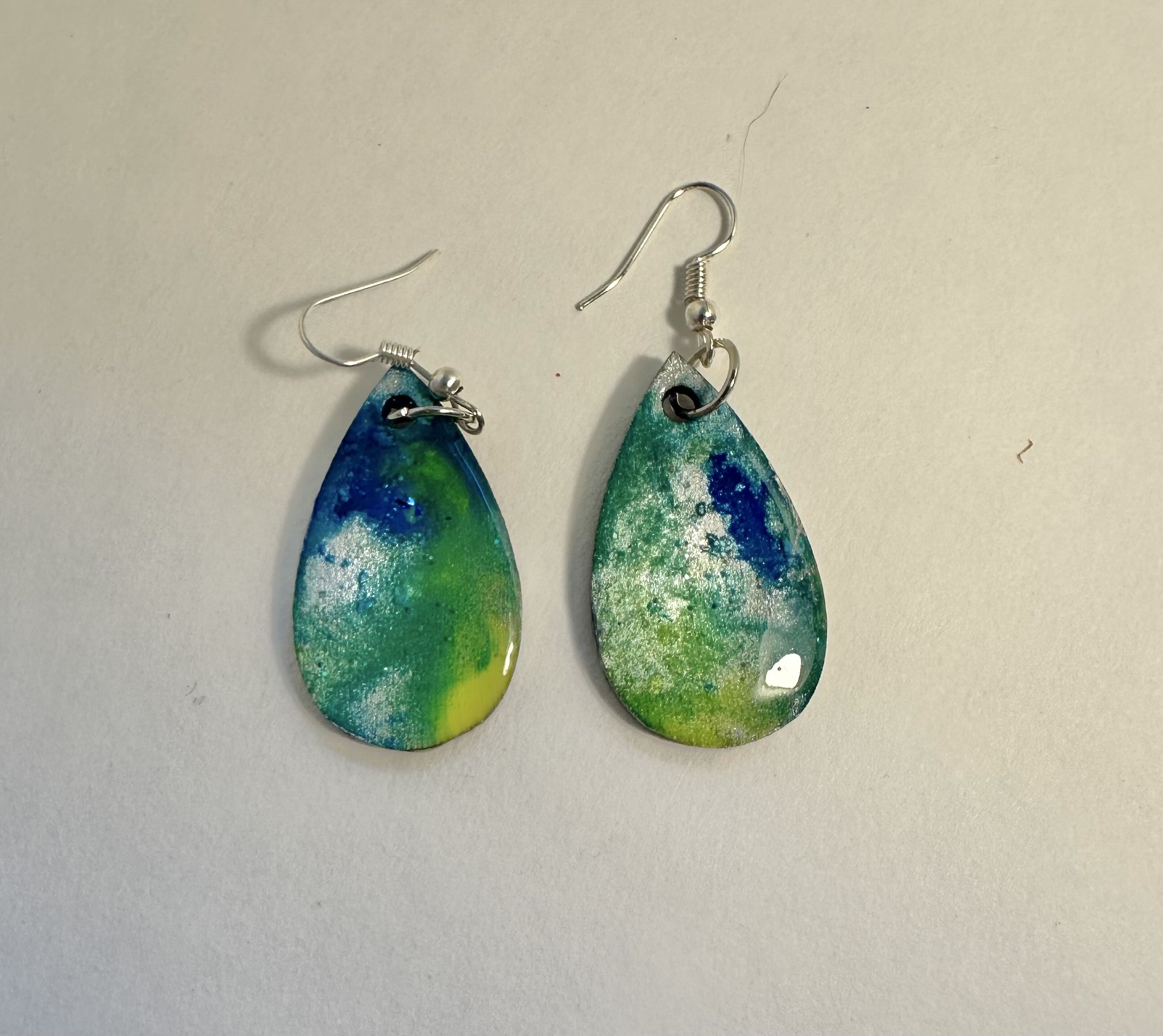 Handmade Teardrop Resin Earrings, acrylic ink and resin.