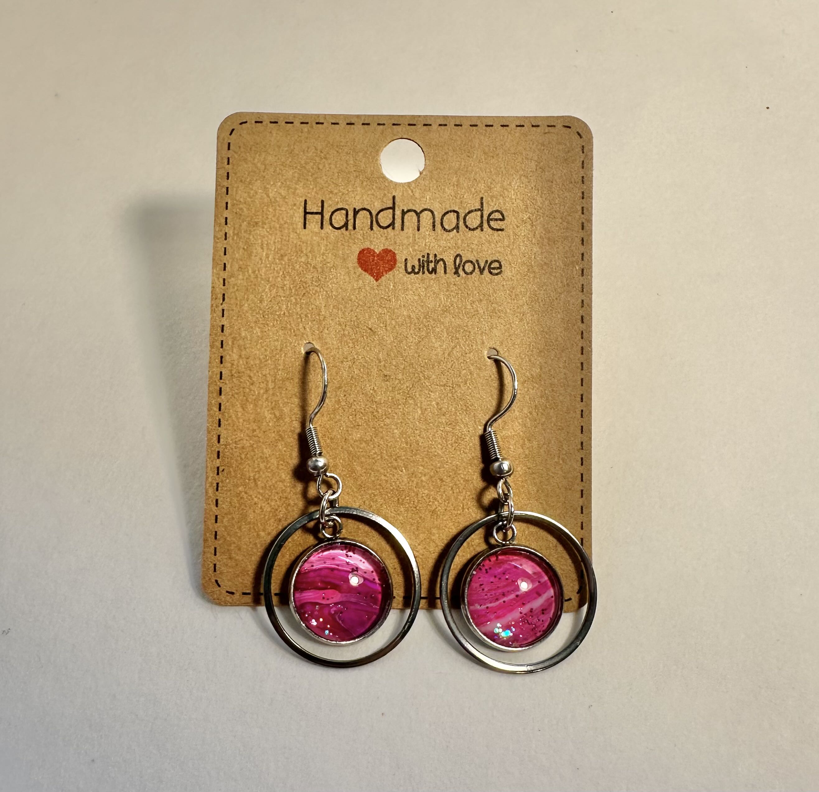 Handmade Pink Resin Dangle Earrings, bezel and cabochon.