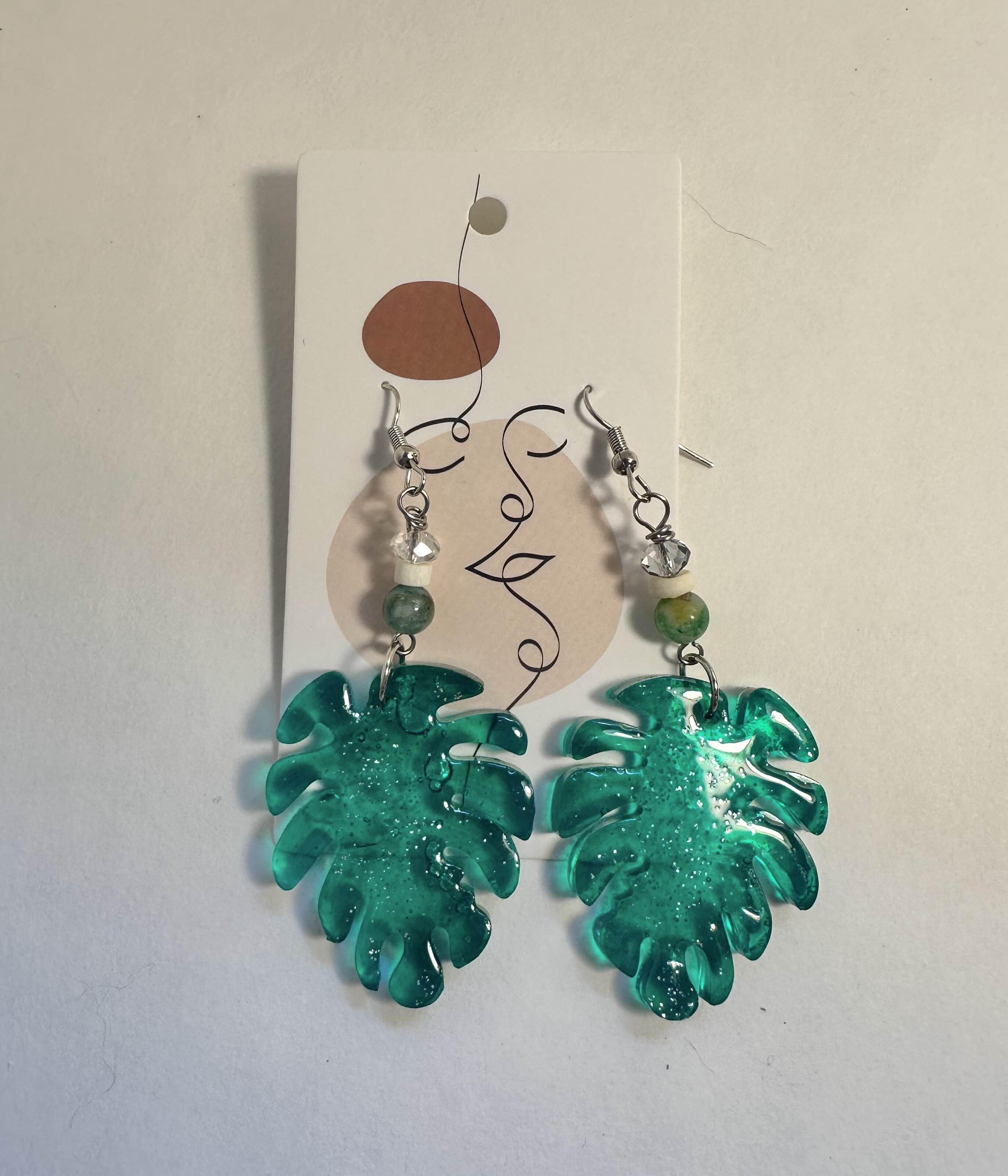 Resin Green Monstera Leaf Earrings