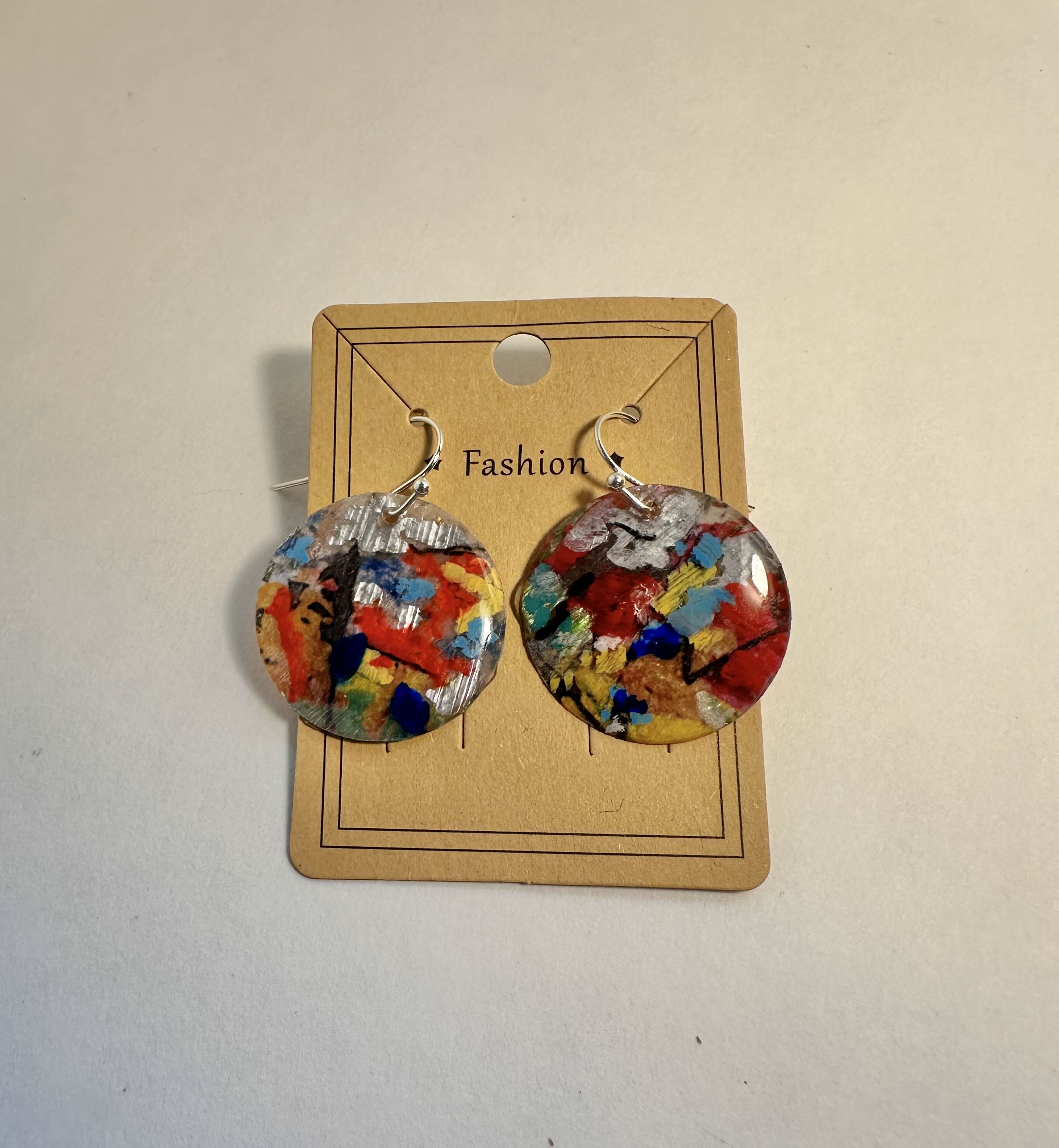 Colorful Abstract Dangle Earrings hand painted on image transfer.