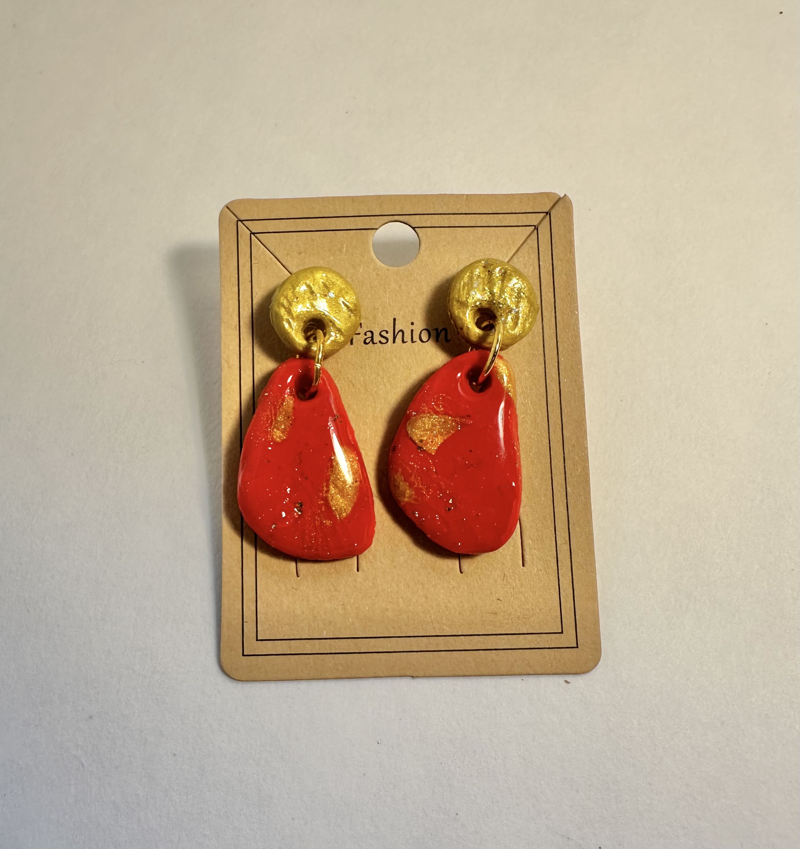 Red and Gold Statement Earrings, polymer clay and glaze