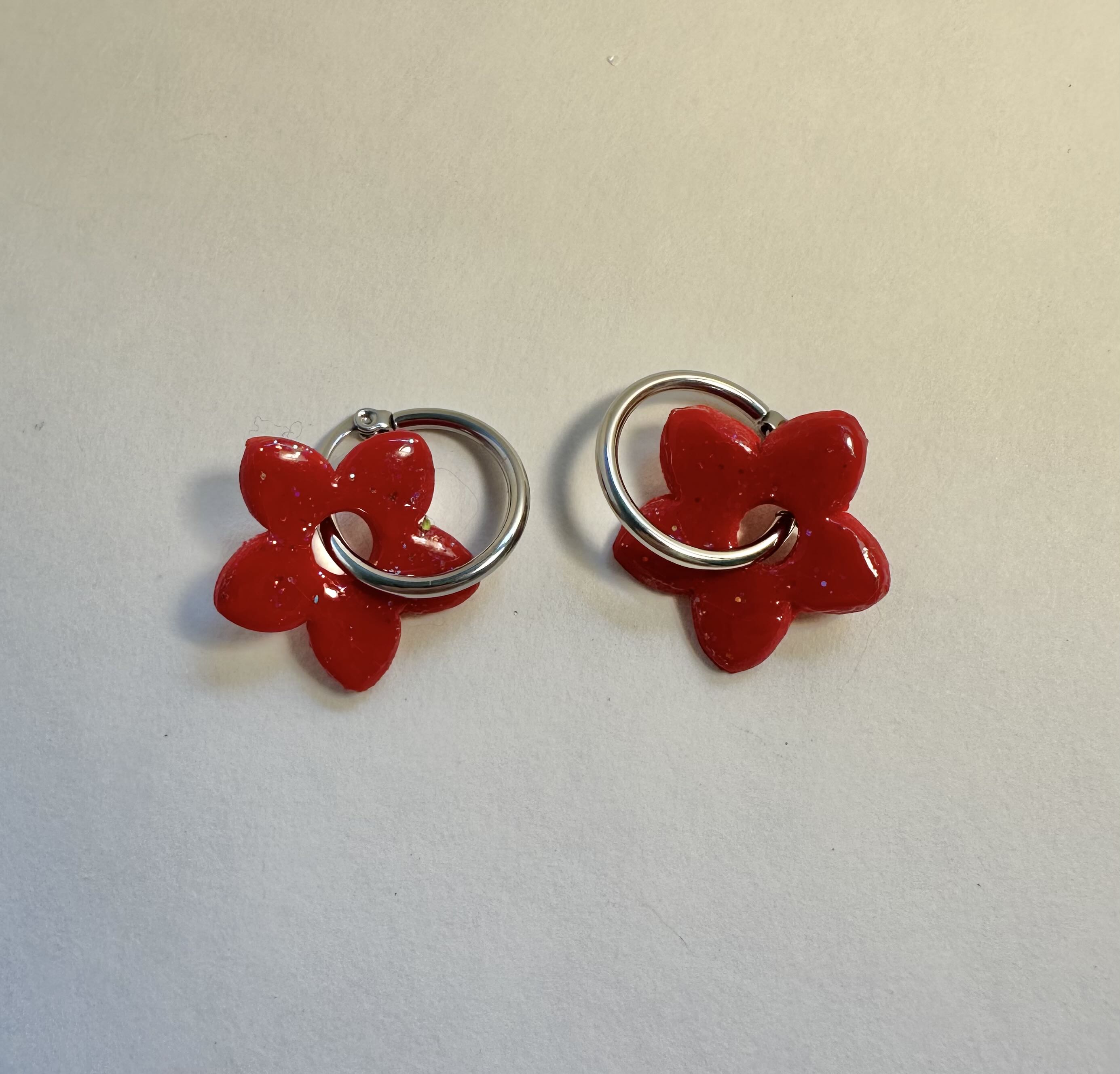 Red Flower Hoop Earrings polymer clay and stainless steel loop. resin