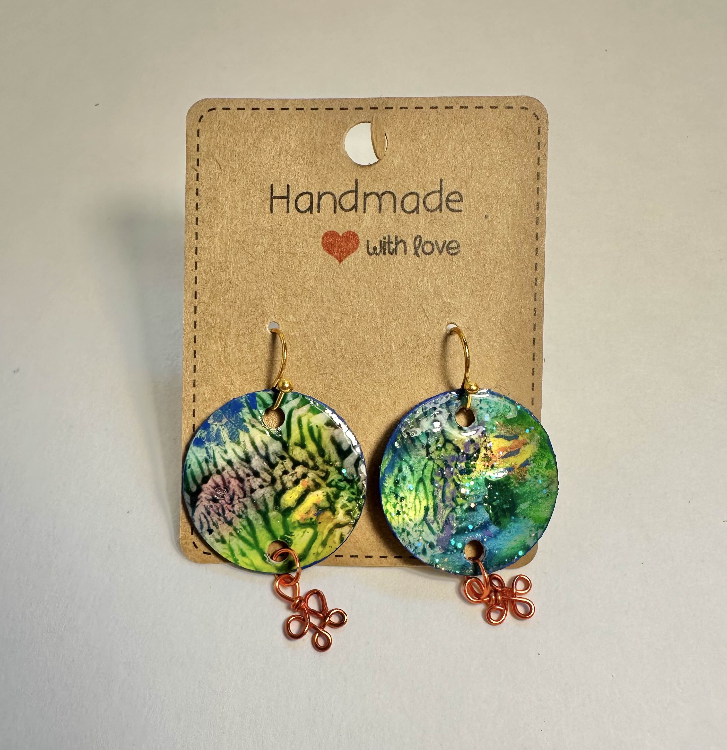 Handmade Colorful Earrings hand painted and wire wrapping accent.