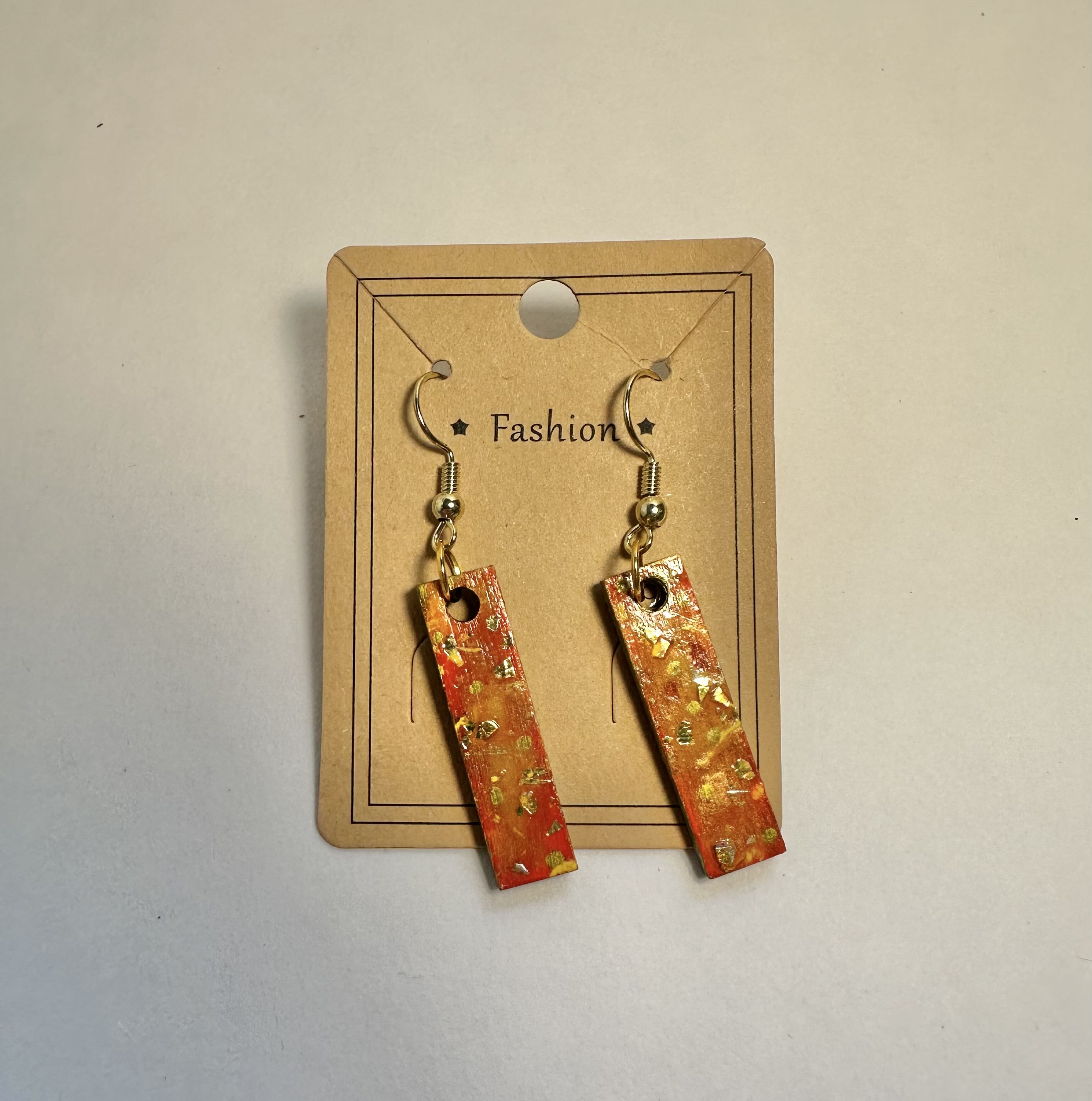 Handmade Rectangular Dangle Earrings alcohol ink,  little gold glass and glaze.