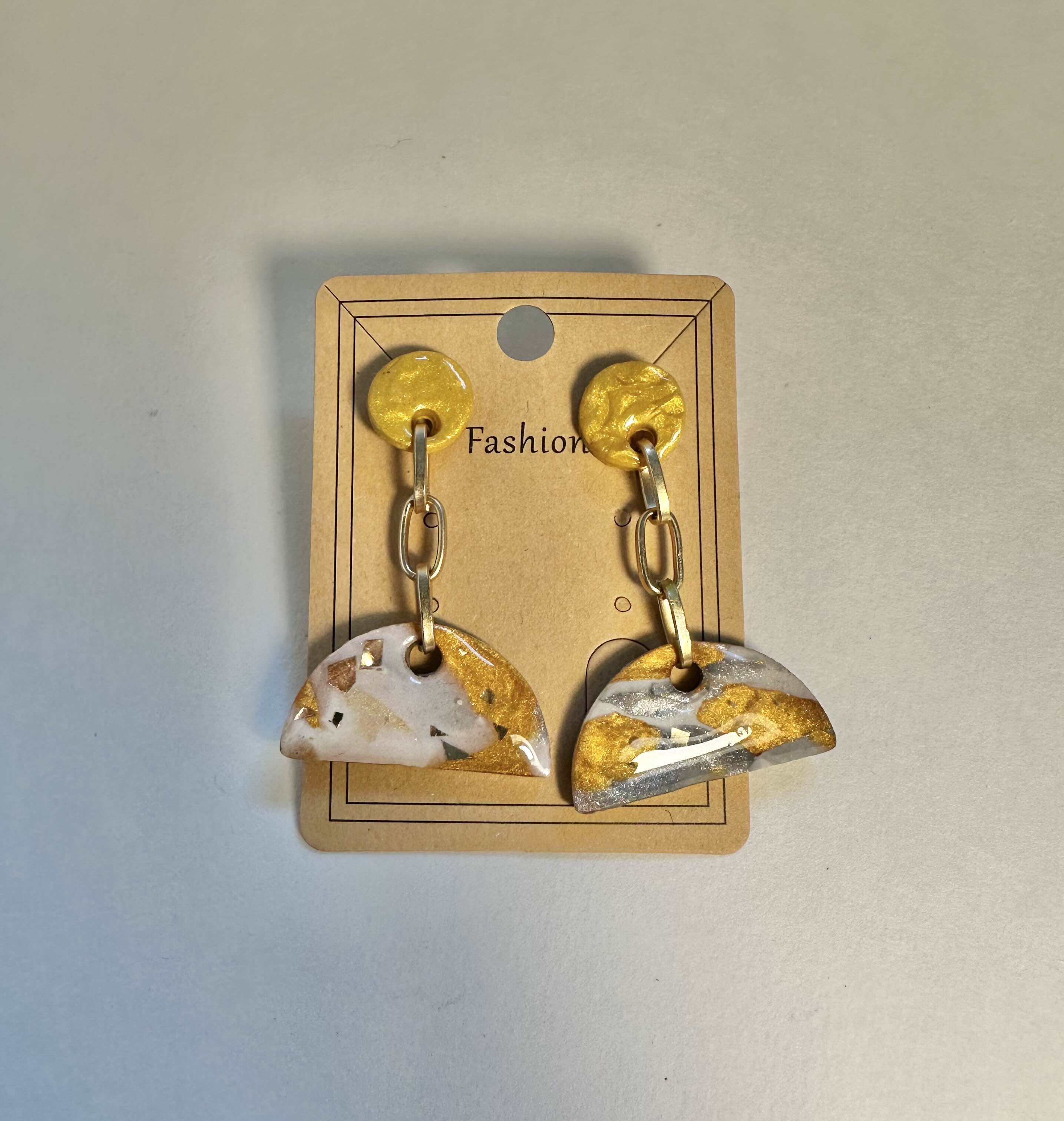 Gold and White Dangle Earrings, polymer clay mix and resin.
