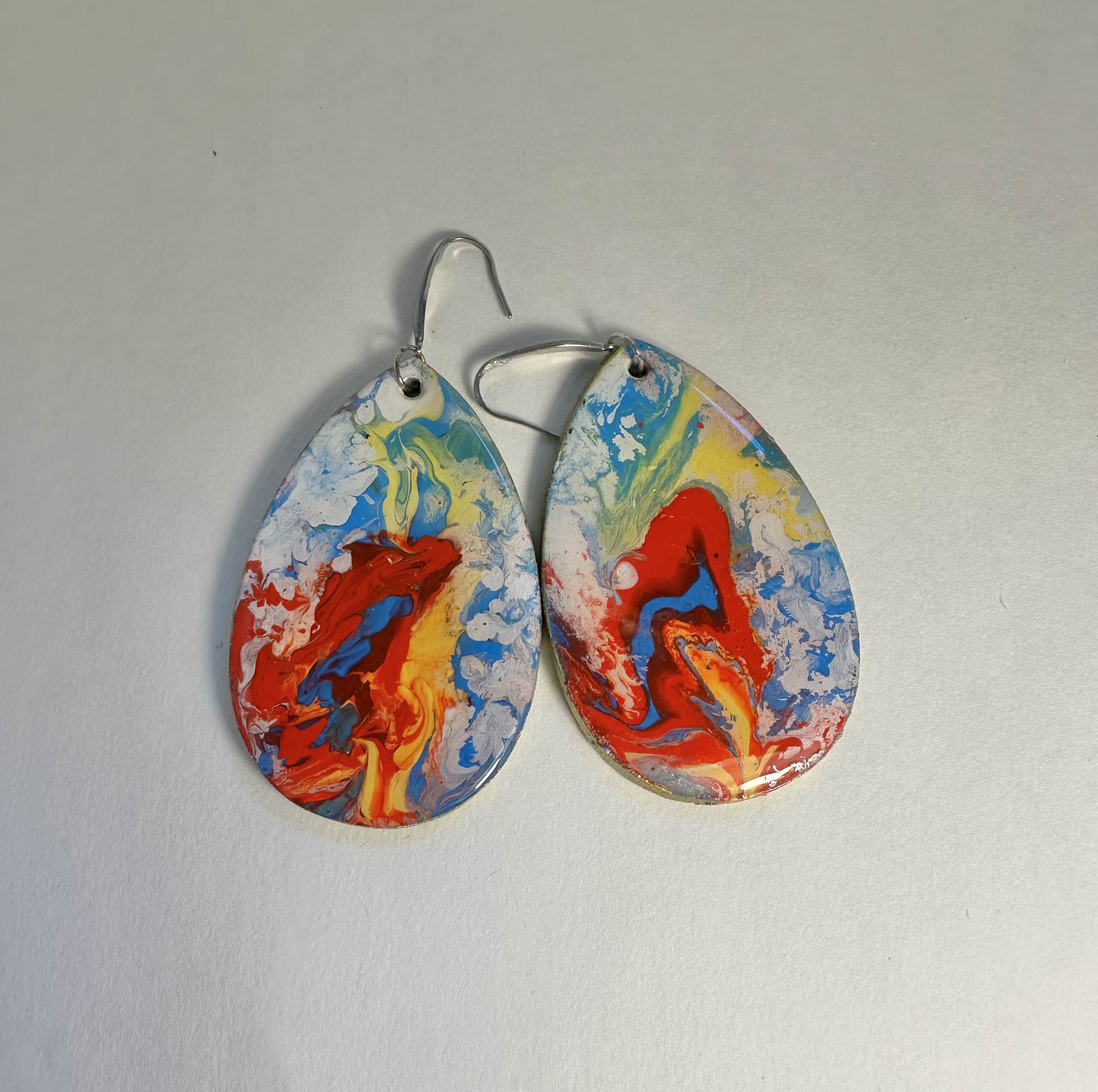 Hand-Painted Abstract Teardrop Earrings. Acrylic pouring.