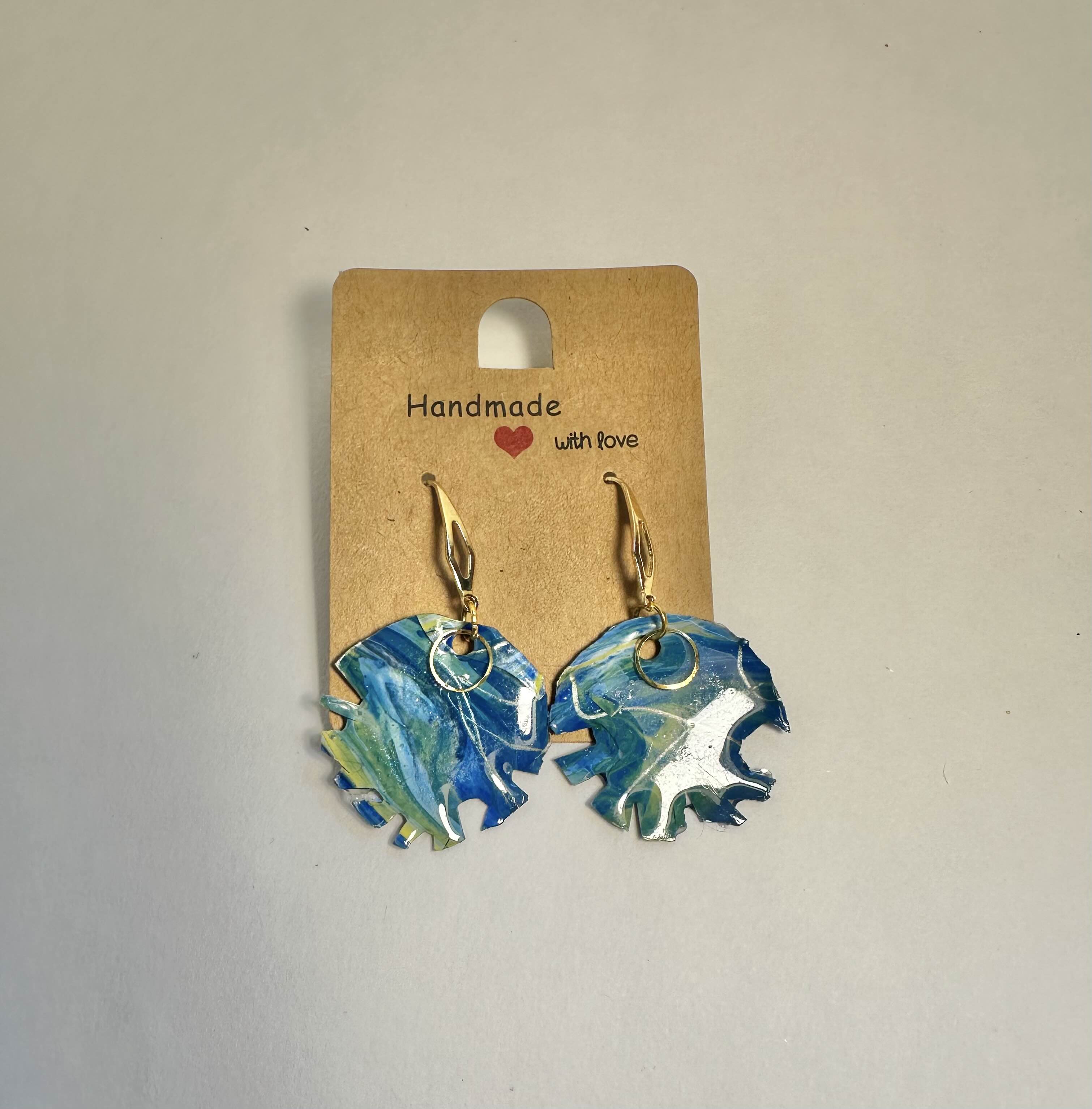 Handmade Blue Abstract Earrings, acrylic pouring. 
