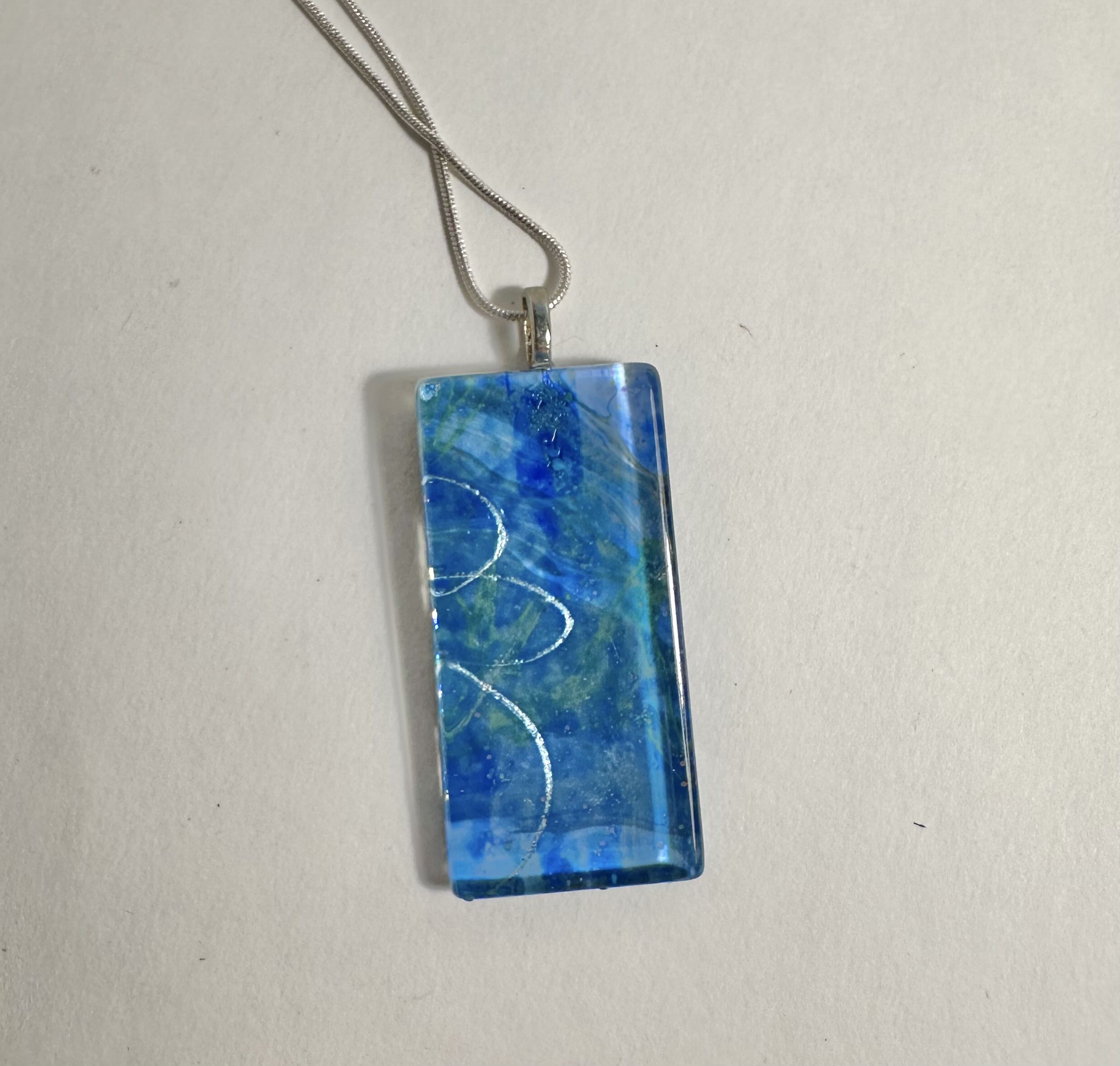 Blue acrylic pouring Glass Pendant Necklace.