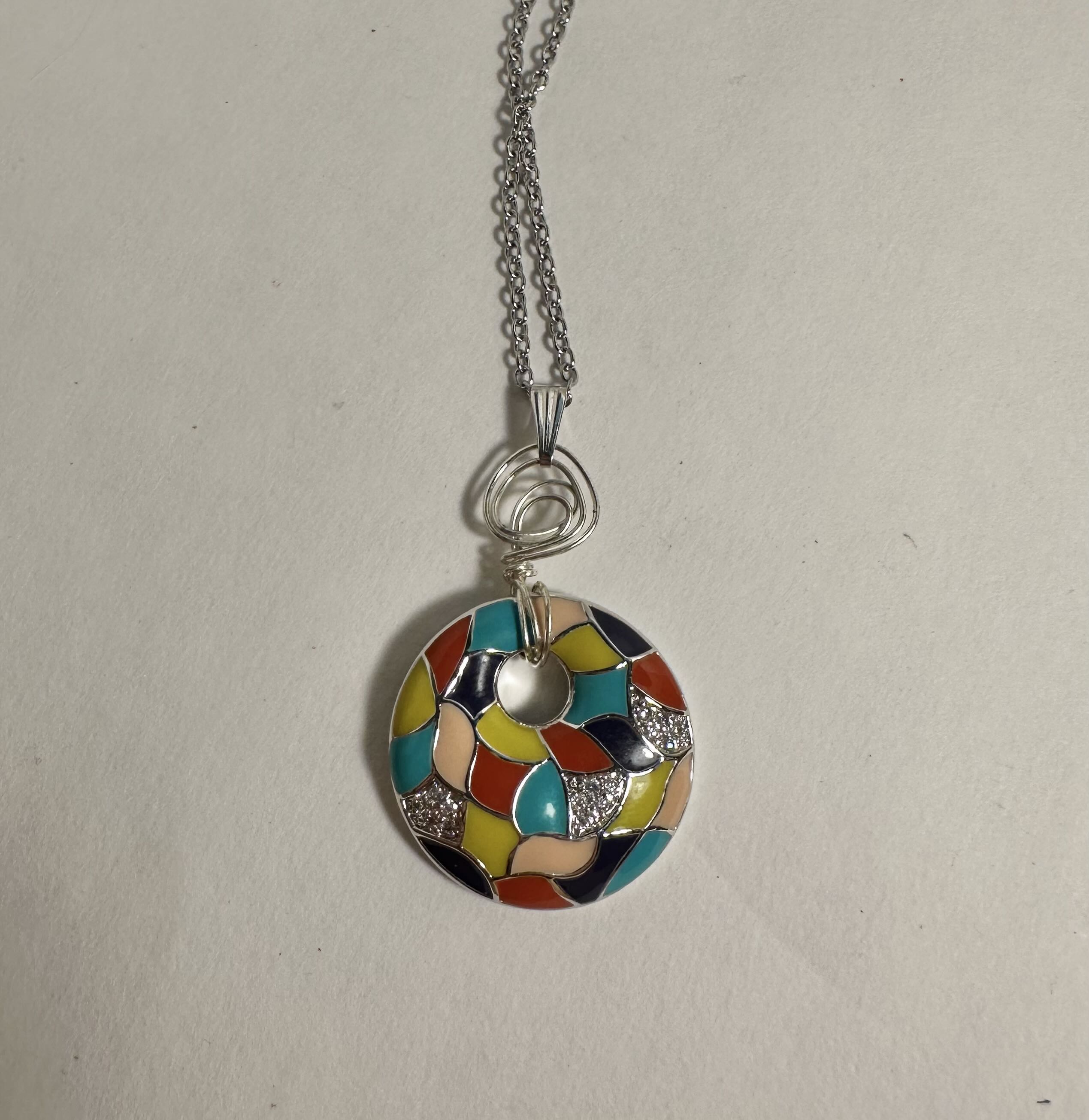 restore Colorful Mosaic piece Pendant Necklace with wire wrapping accent.