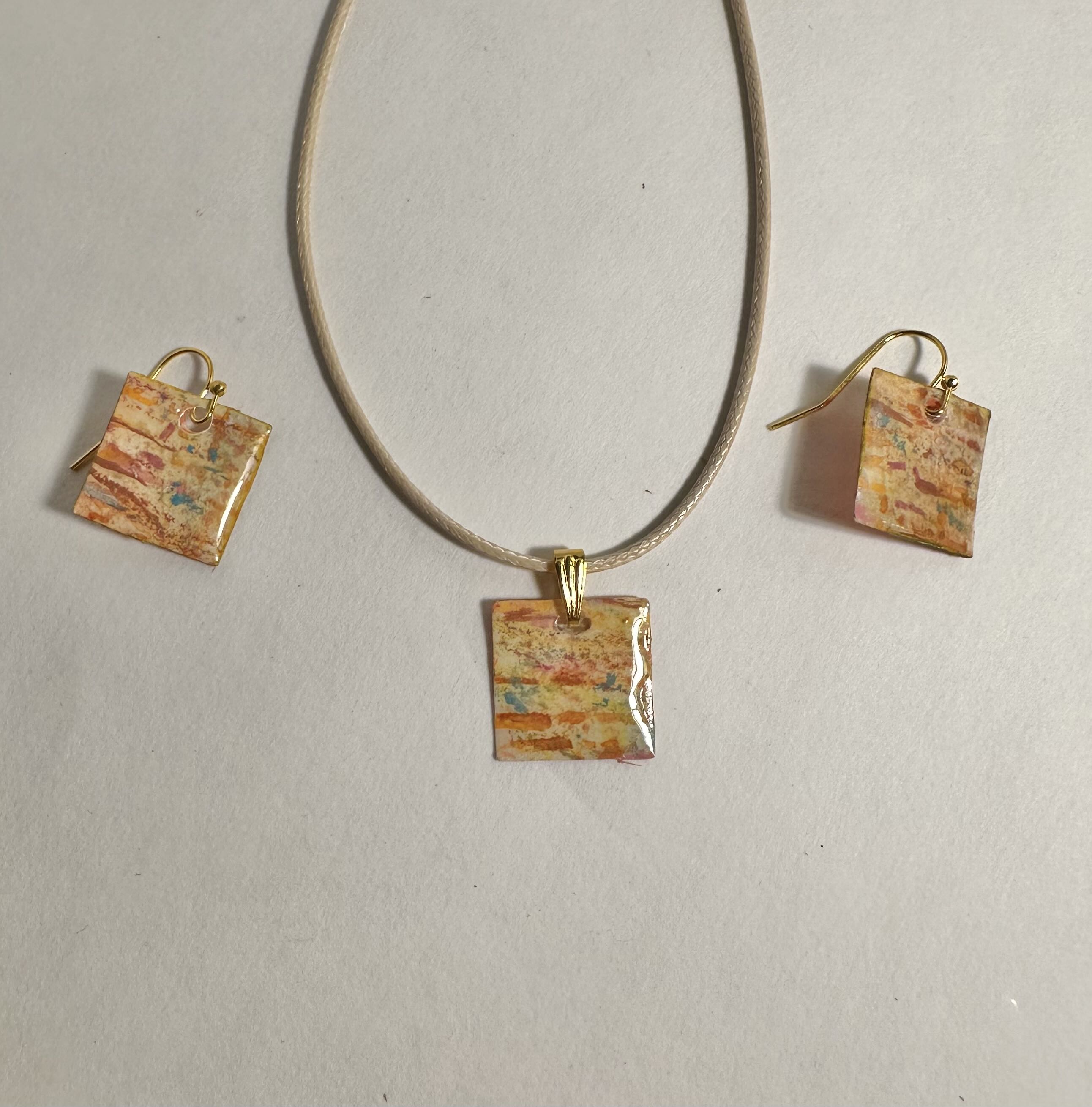 Handmade Square Pendant Jewelry Set made with watercolor, acrylic and glass glaze.
