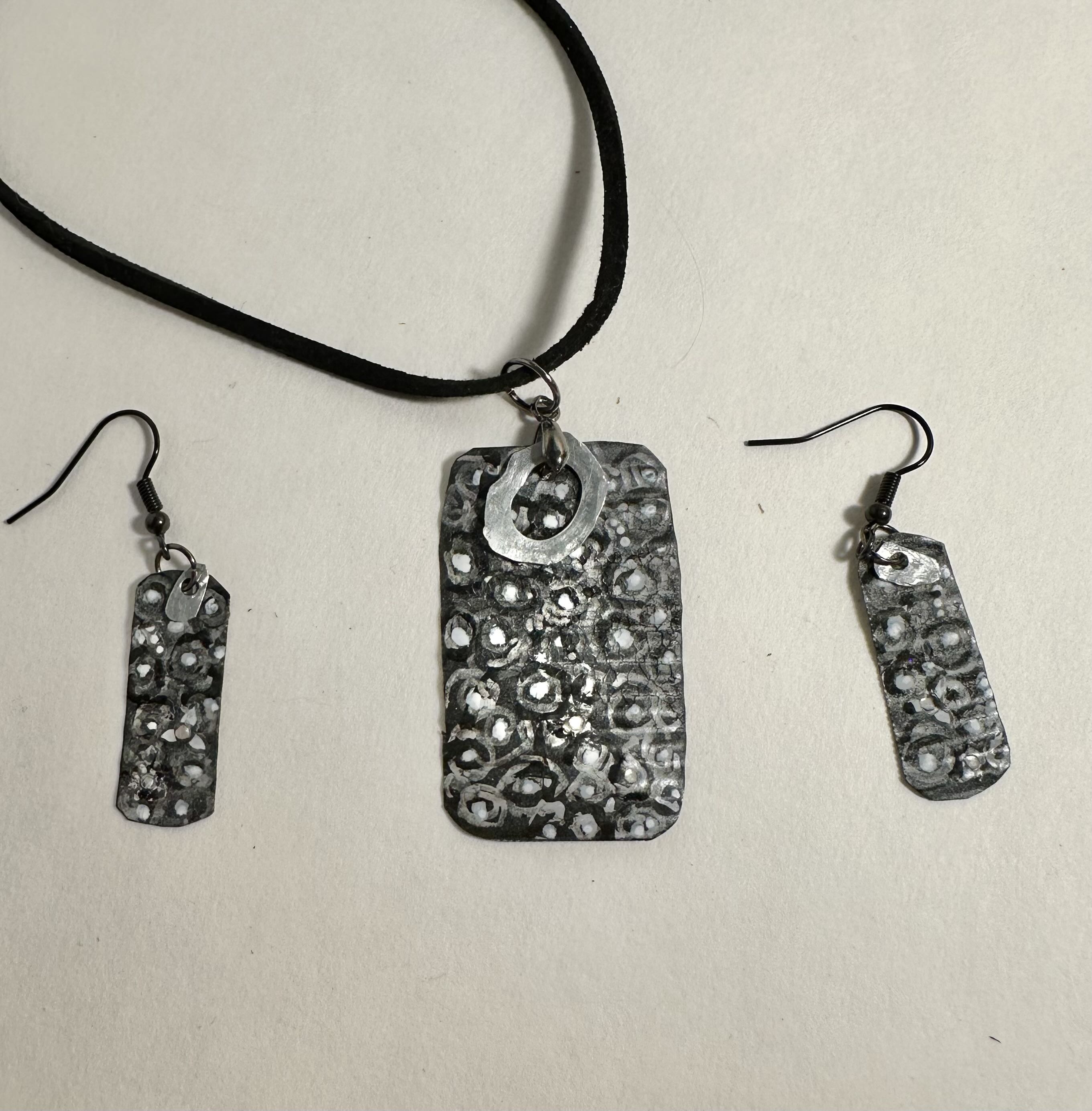 Handcrafted Textured Jewelry Set made with recycling metal, spray paint, acrylic paint and taped metal piece technique