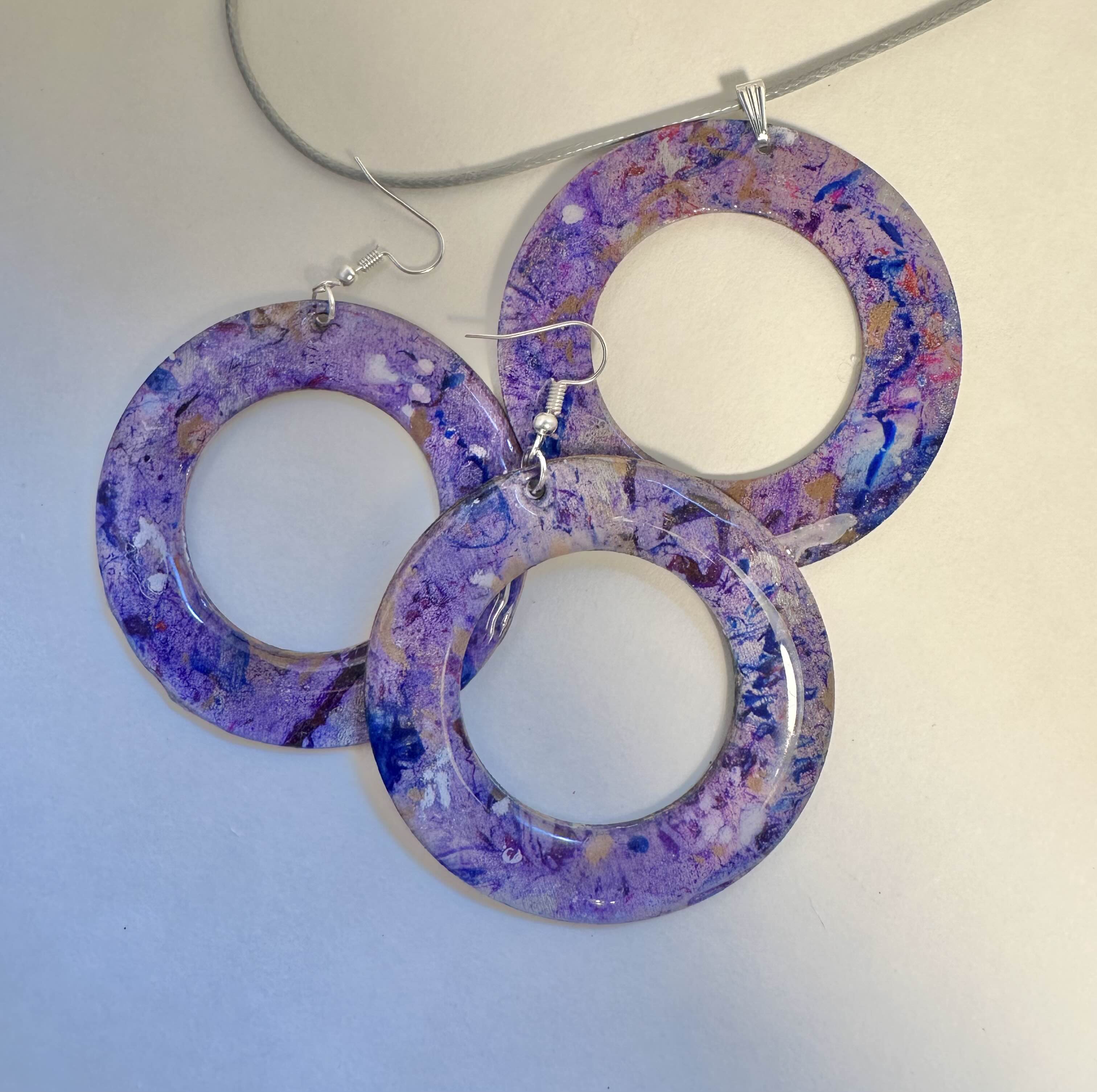 Water Marbling Purple Marbled Resin Jewelry Set